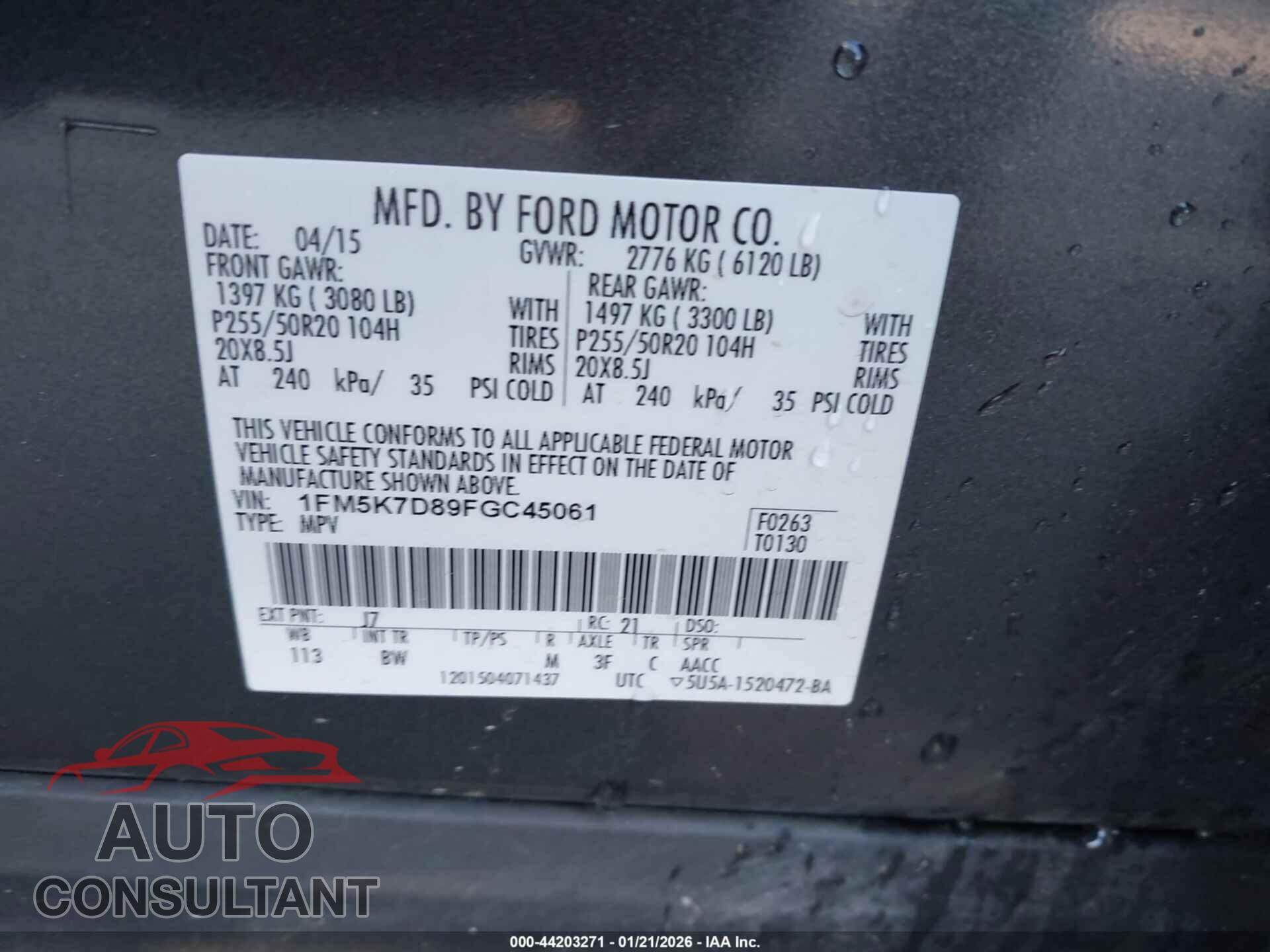 FORD EXPLORER 2015 - 1FM5K7D89FGC45061