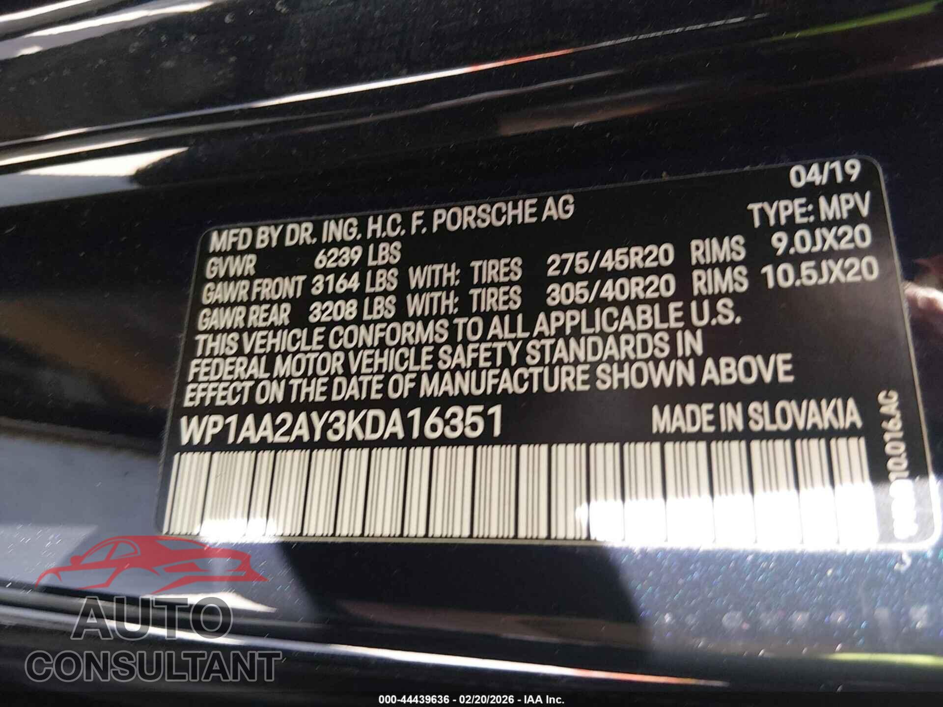 PORSCHE CAYENNE 2019 - WP1AA2AY3KDA16351