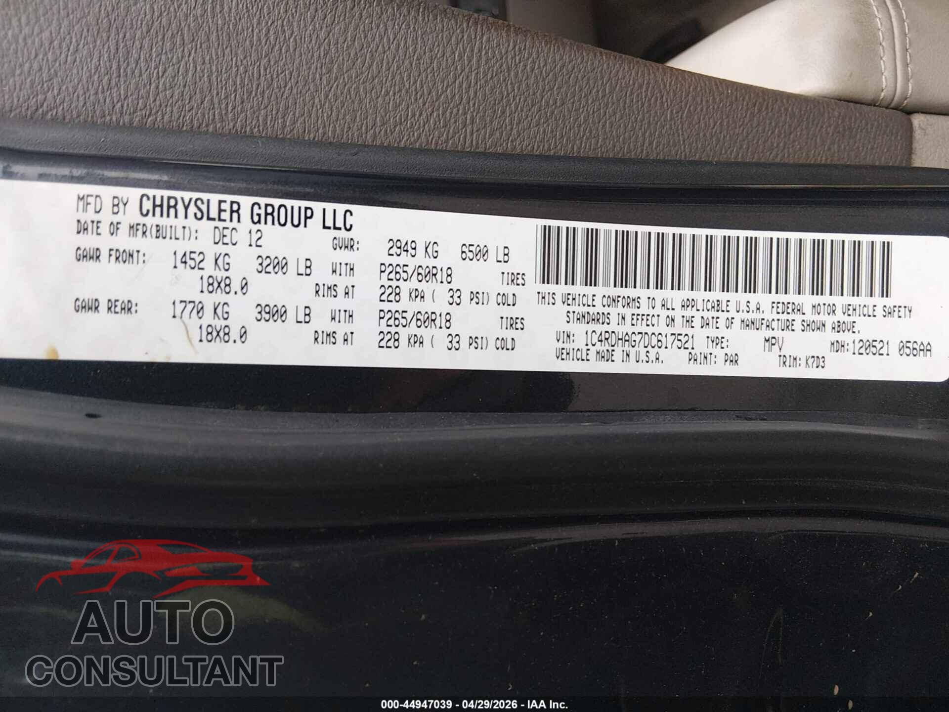 DODGE DURANGO 2013 - 1C4RDHAG7DC617521