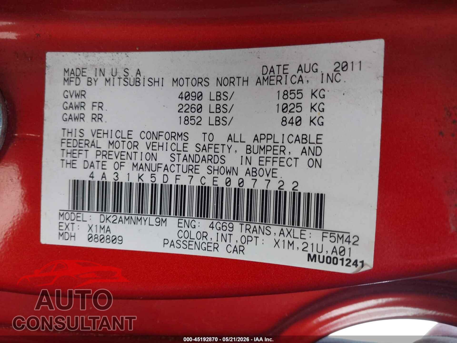 MITSUBISHI ECLIPSE 2012 - 4A31K5DF7CE007722