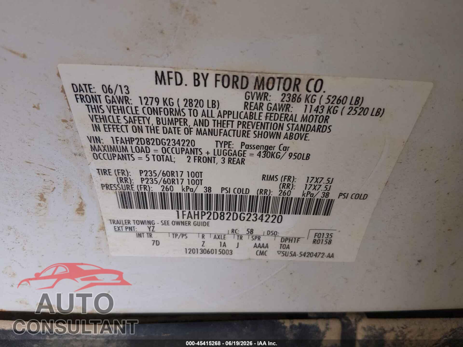 FORD TAURUS 2013 - 1FAHP2D82DG234220