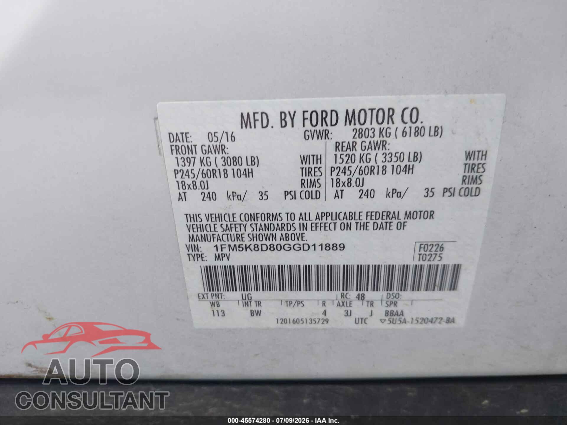 FORD EXPLORER 2016 - 1FM5K8D80GGD11889