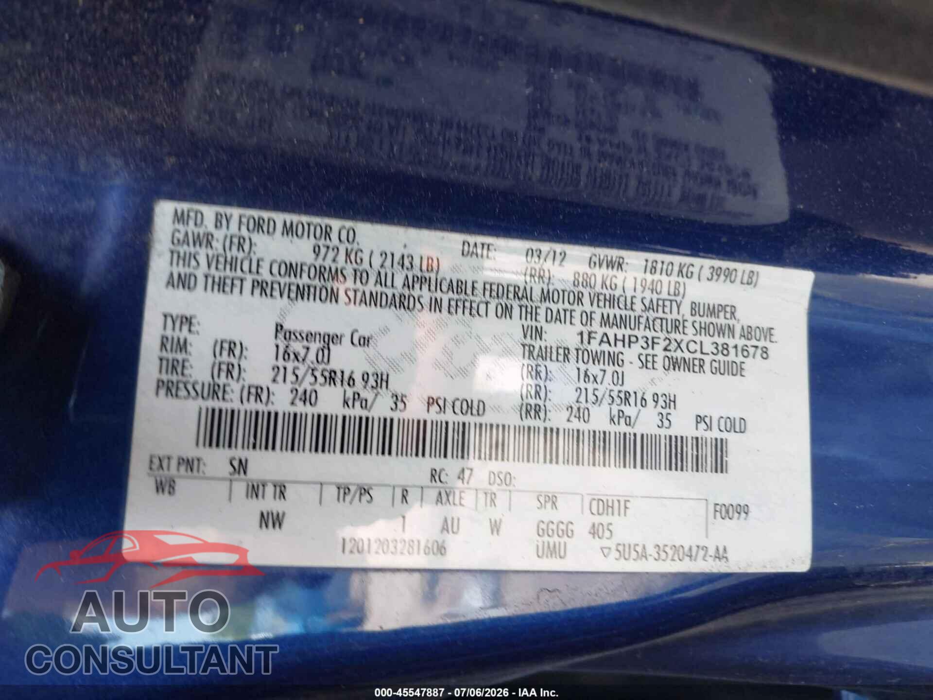 FORD FOCUS 2012 - 1FAHP3F2XCL381678