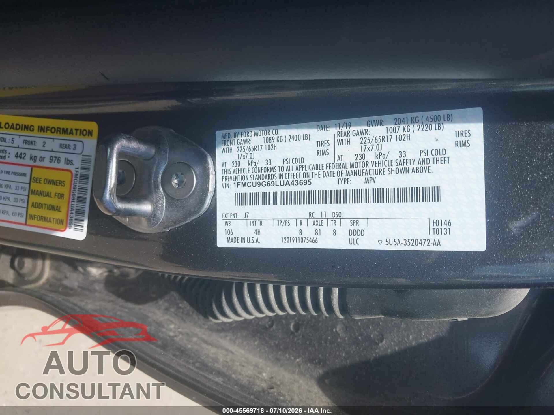 FORD ESCAPE 2020 - 1FMCU9G69LUA43695