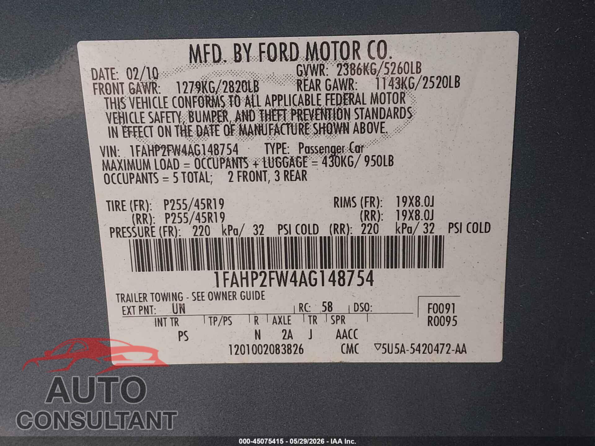 FORD TAURUS 2010 - 1FAHP2FW4AG148754