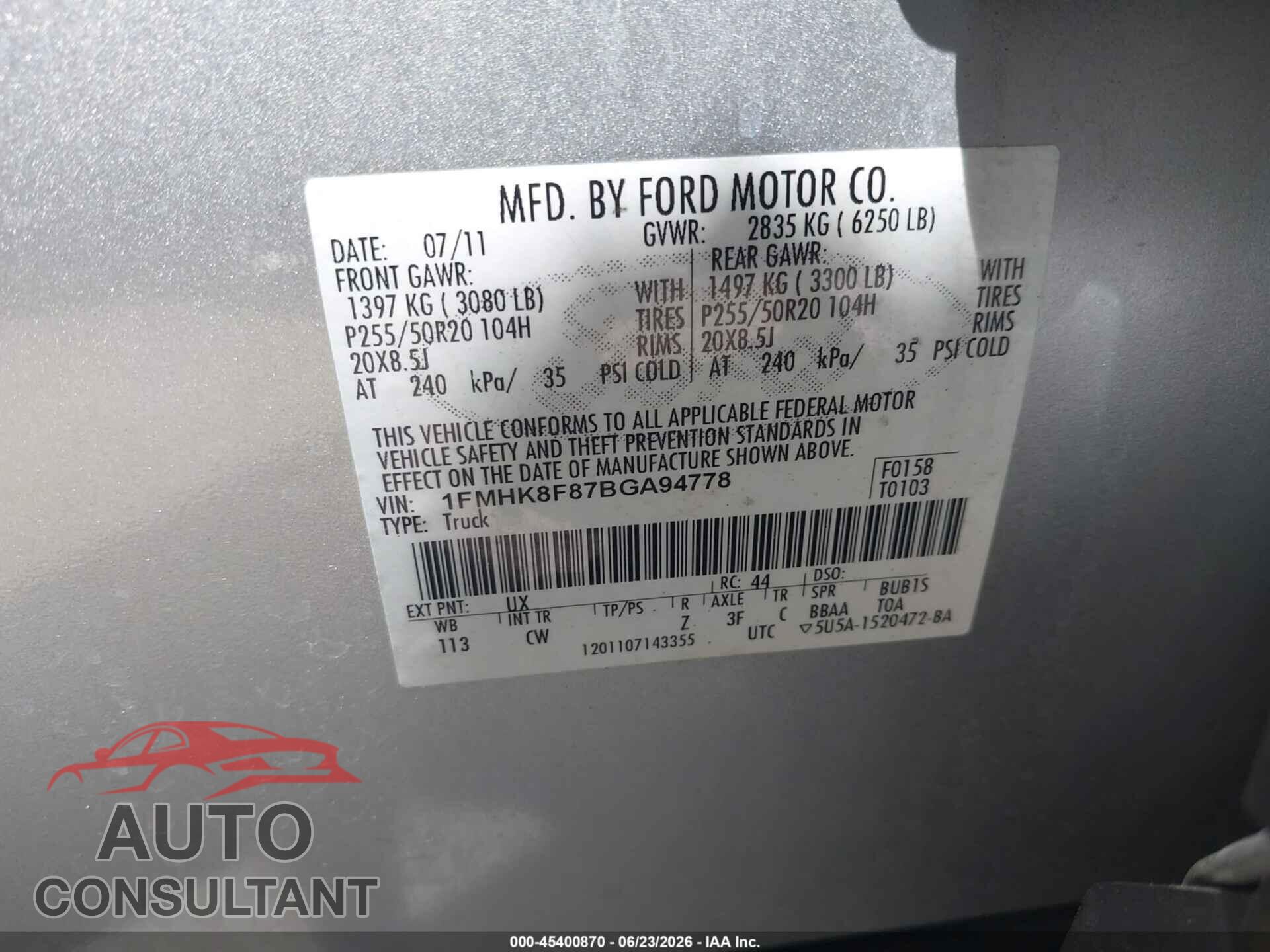 FORD EXPLORER 2011 - 1FMHK8F87BGA94778