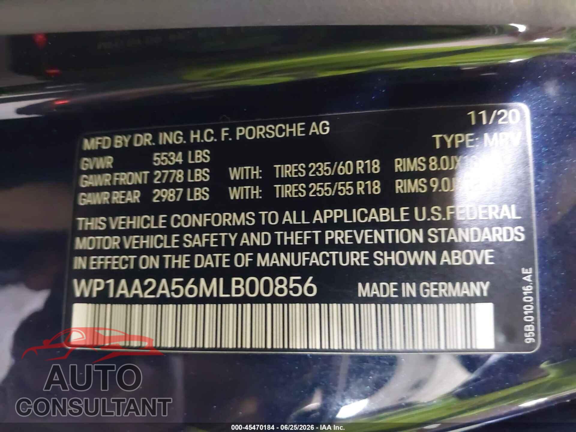 PORSCHE MACAN 2021 - WP1AA2A56MLB00856