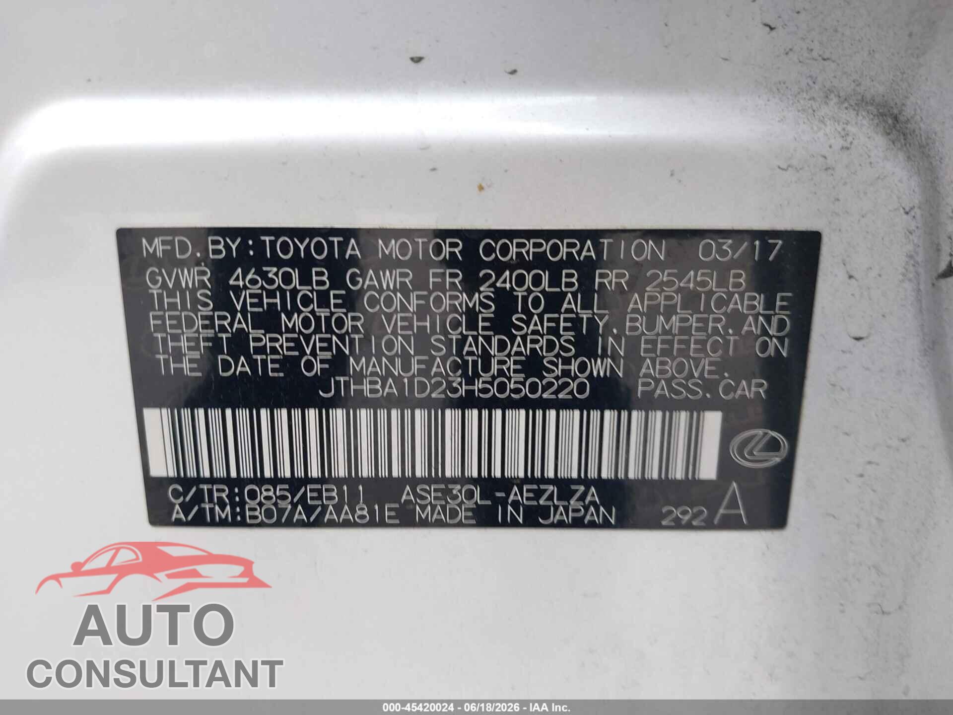 LEXUS IS 200T 2017 - JTHBA1D23H5050220