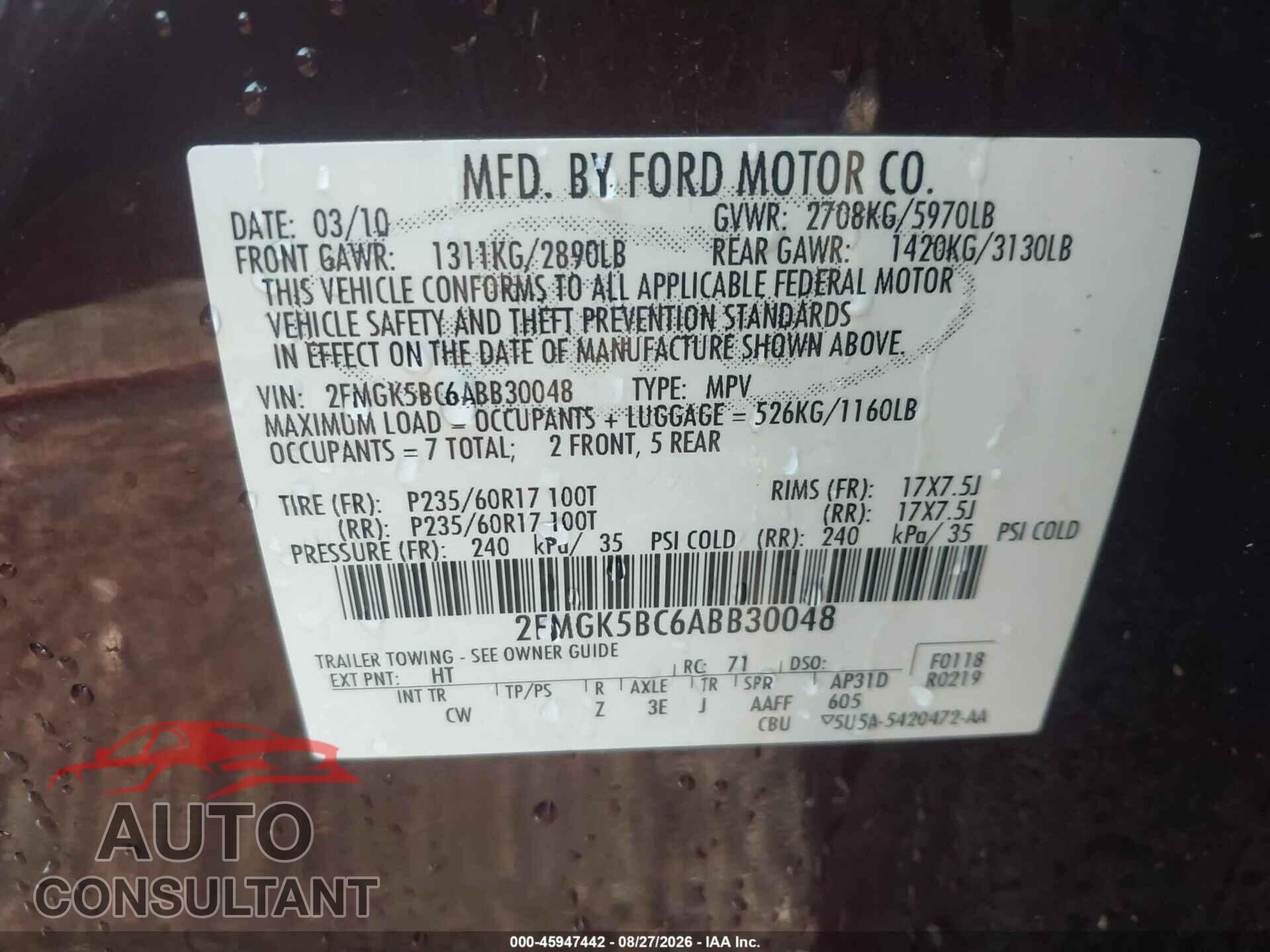 FORD FLEX 2010 - 2FMGK5BC6ABB30048
