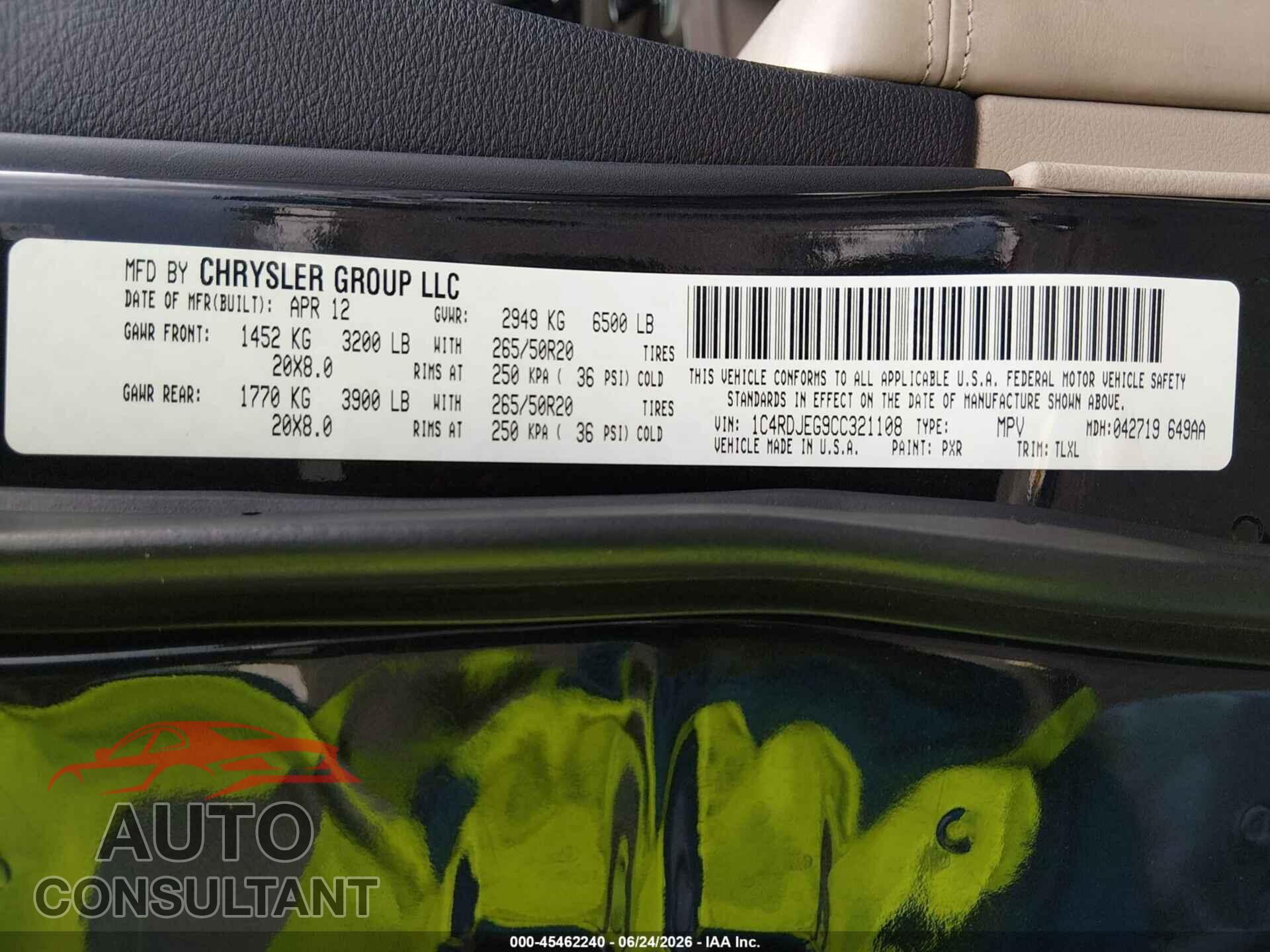 DODGE DURANGO 2012 - 1C4RDJEG9CC321108
