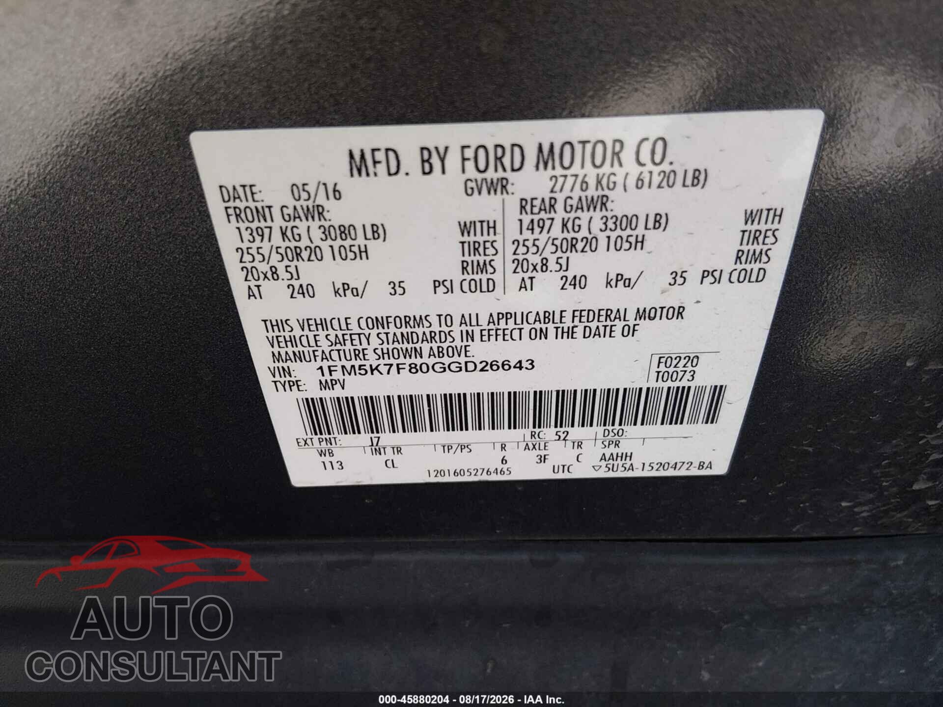FORD EXPLORER 2016 - 1FM5K7F80GGD26643