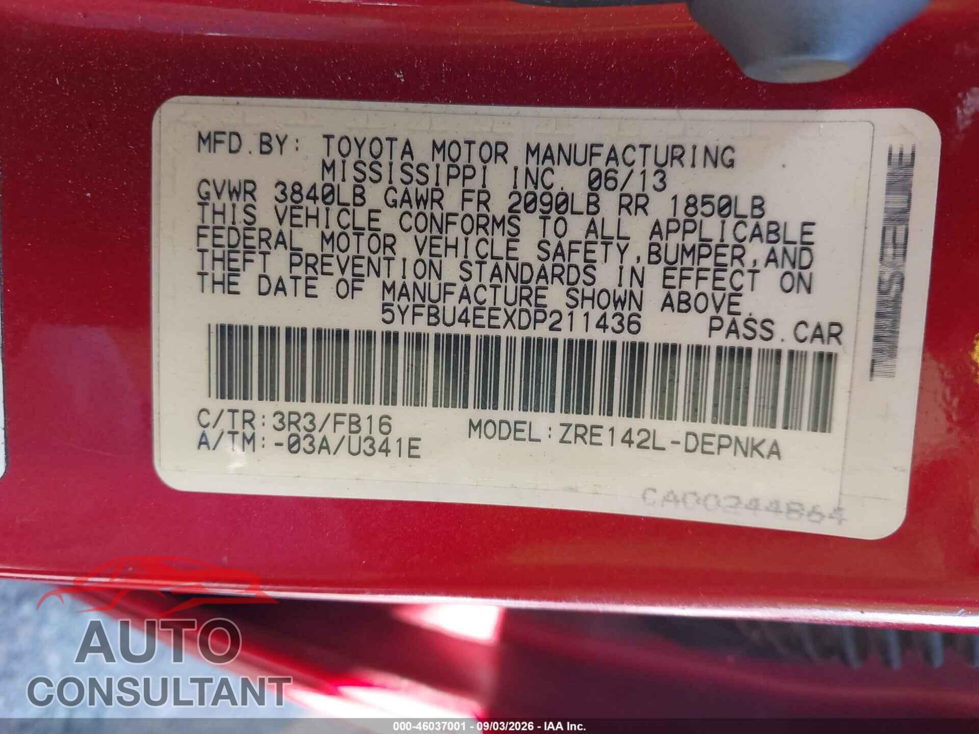 TOYOTA COROLLA 2013 - 5YFBU4EEXDP211436