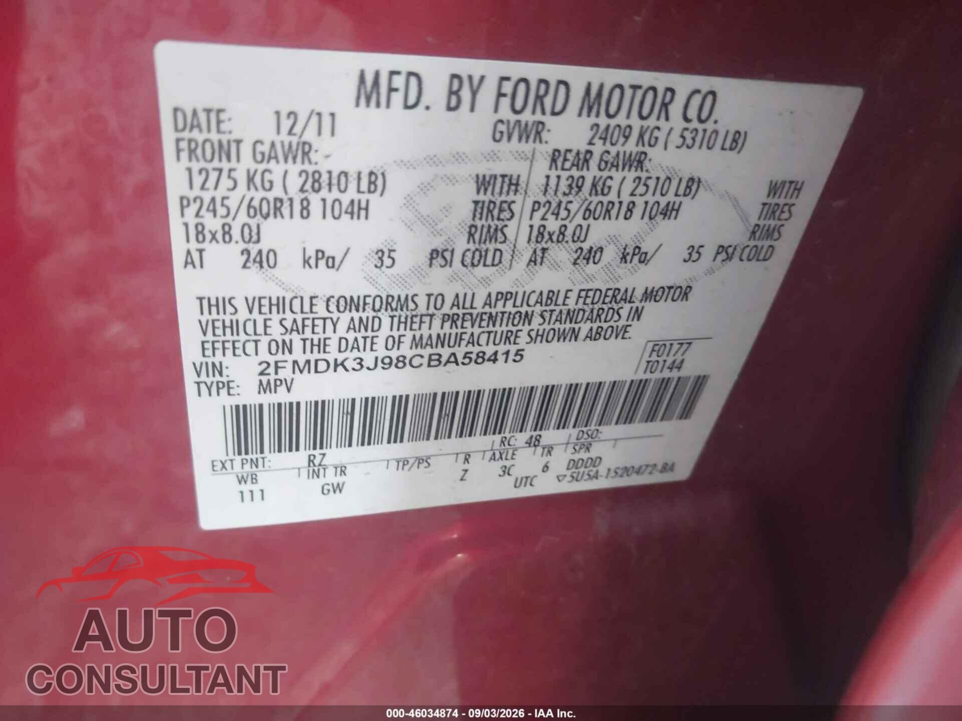 FORD EDGE 2012 - 2FMDK3J98CBA58415