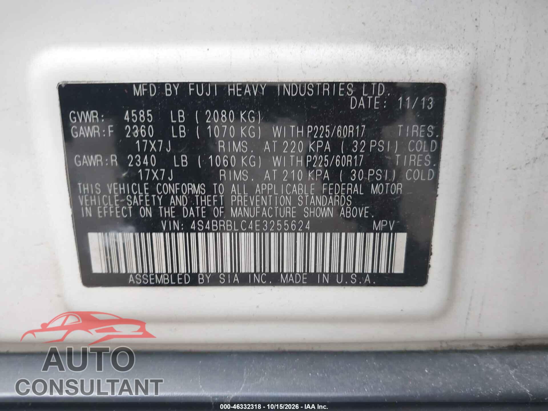SUBARU OUTBACK 2014 - 4S4BRBLC4E3255624