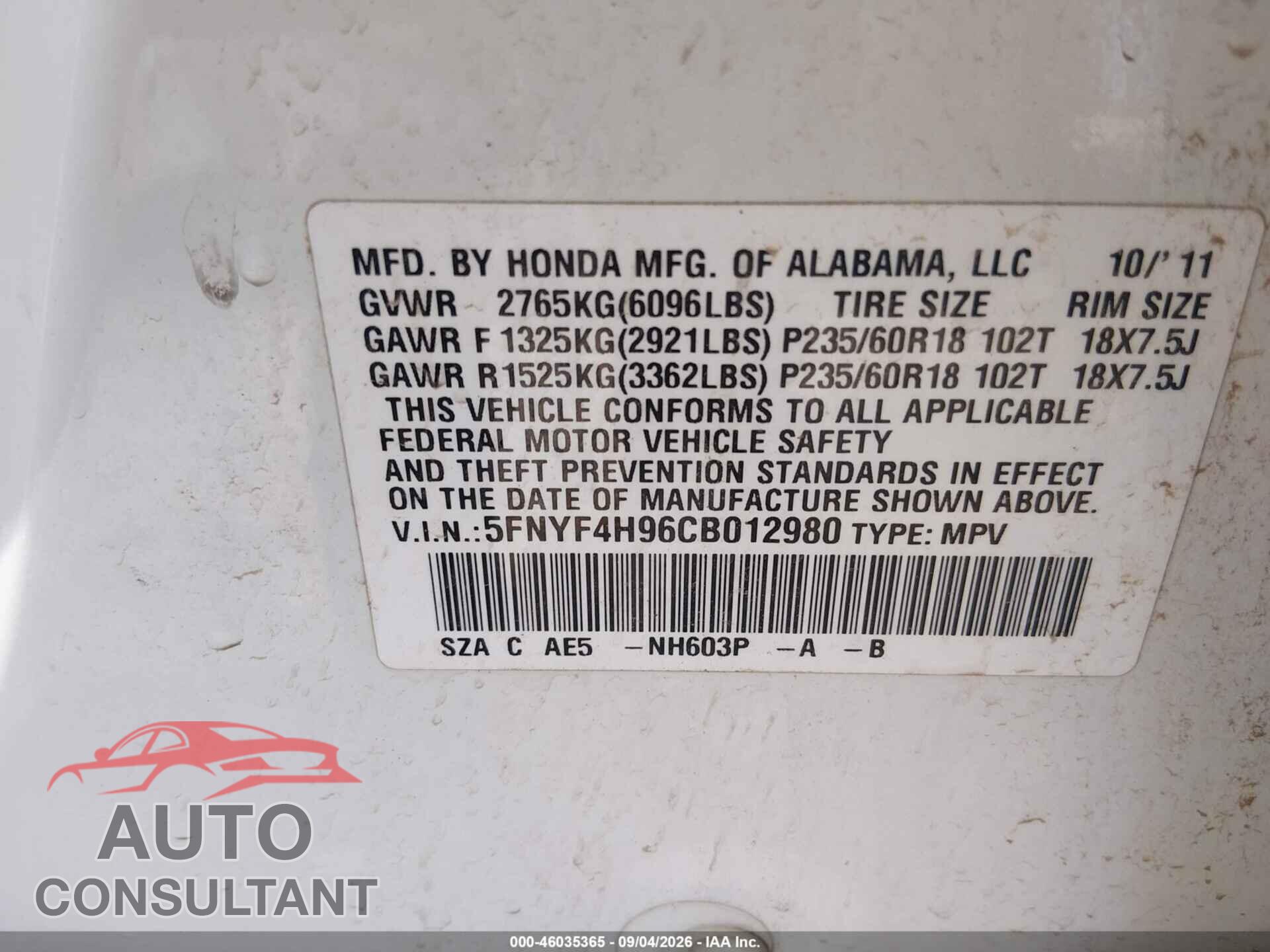 HONDA PILOT 2012 - 5FNYF4H96CB012980