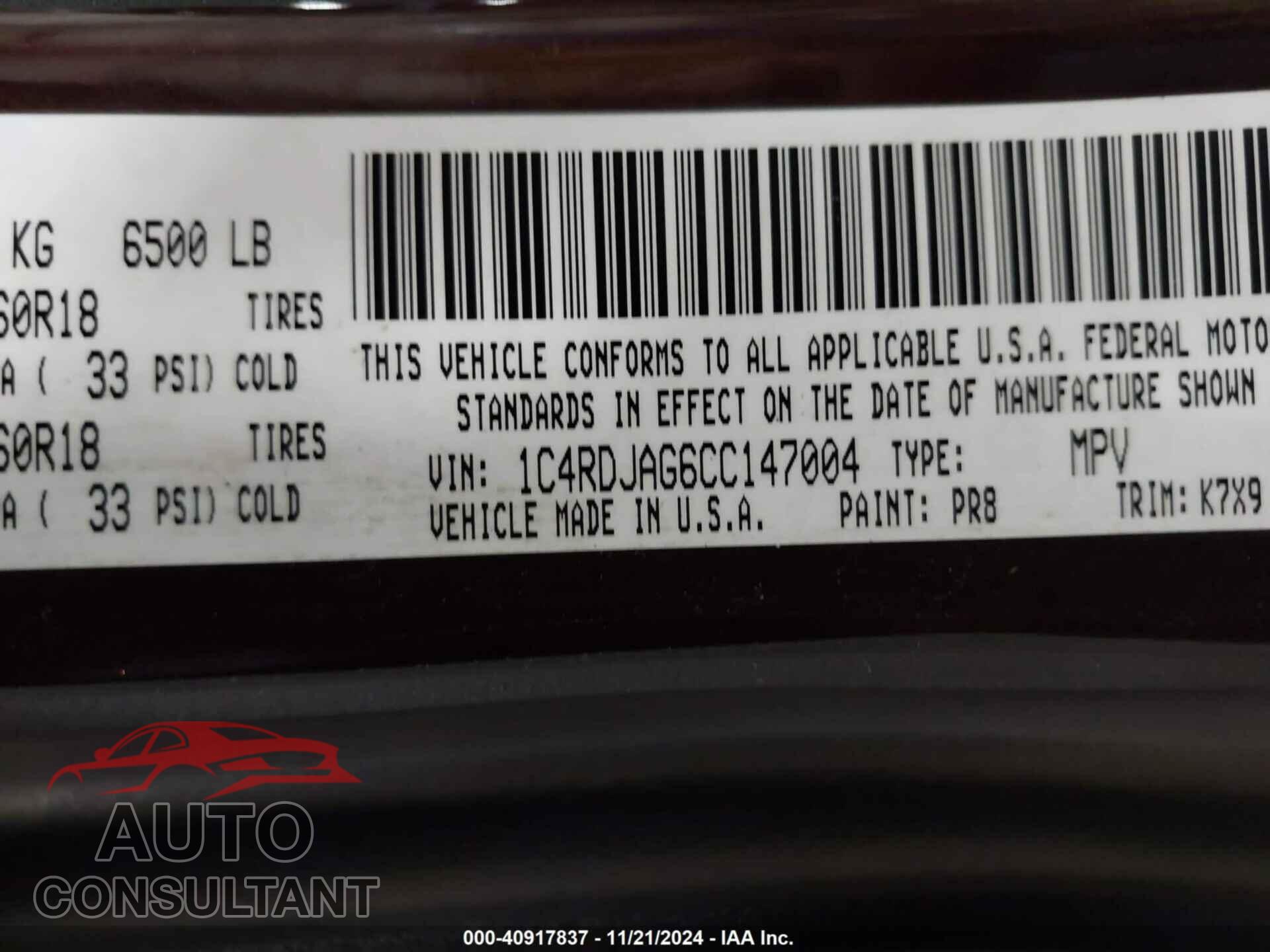 DODGE DURANGO 2012 - 1C4RDJAG6CC147004