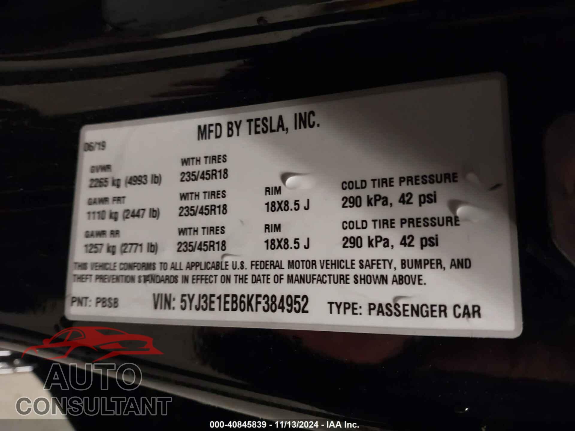 TESLA MODEL 3 2019 - 5YJ3E1EB6KF384952