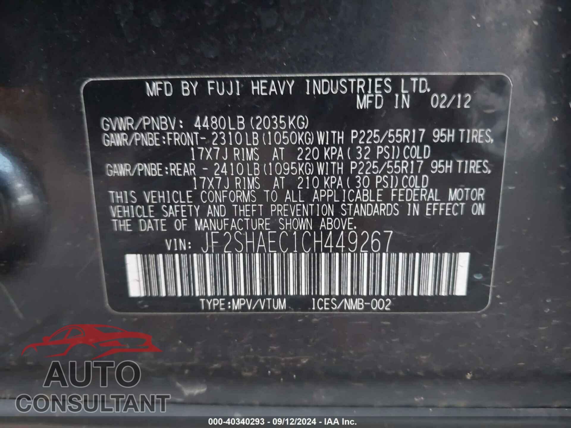 SUBARU FORESTER 2012 - JF2SHAEC1CH449267