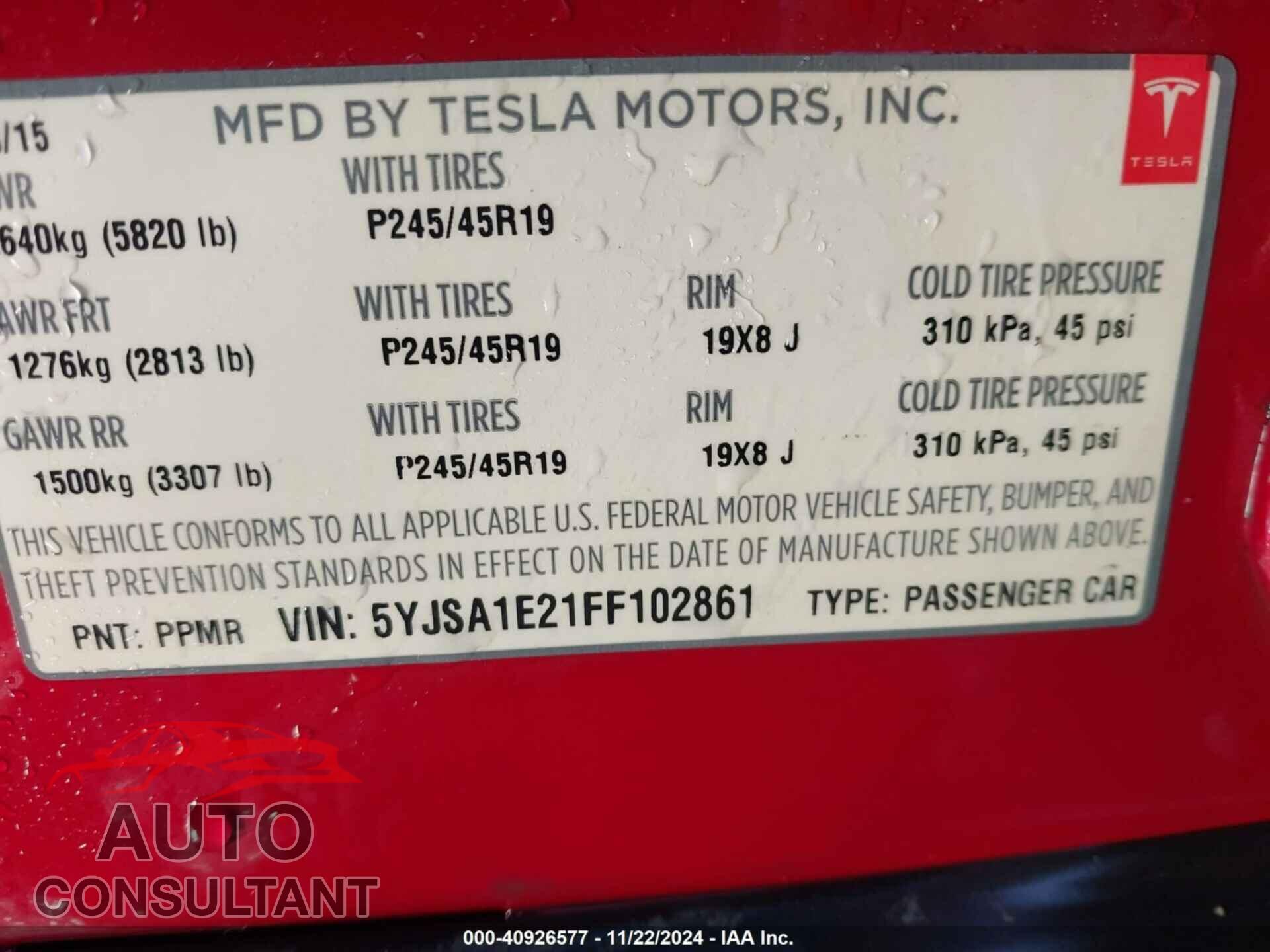 TESLA MODEL S 2015 - 5YJSA1E21FF102861