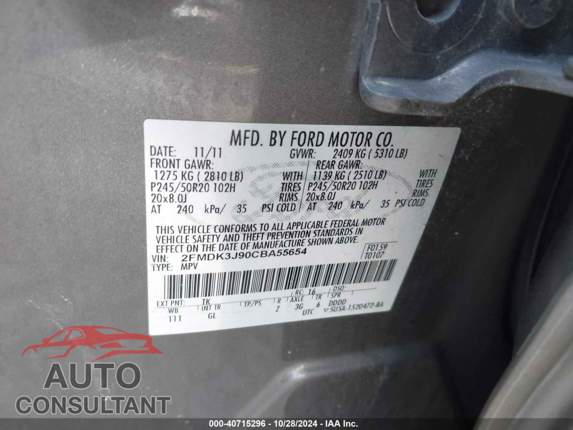 FORD EDGE 2012 - 2FMDK3J90CBA55654