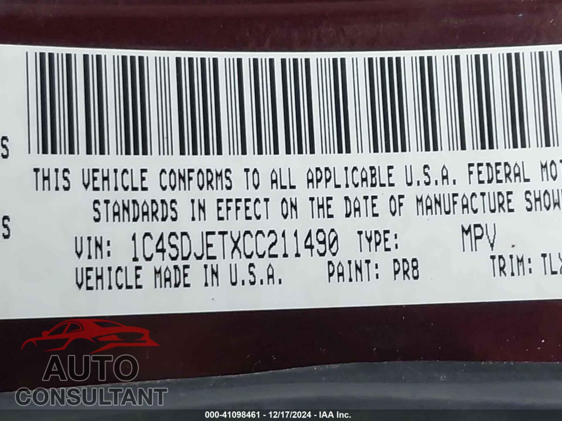 DODGE DURANGO 2012 - 1C4SDJETXCC211490