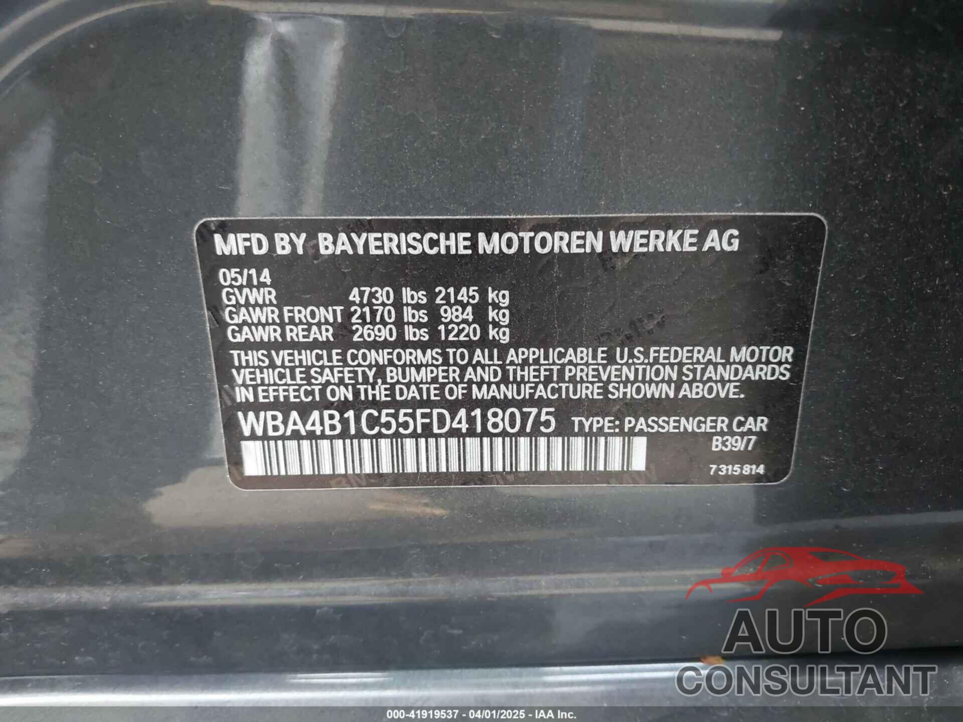 BMW 435I GRAN COUPE 2015 - WBA4B1C55FD418075