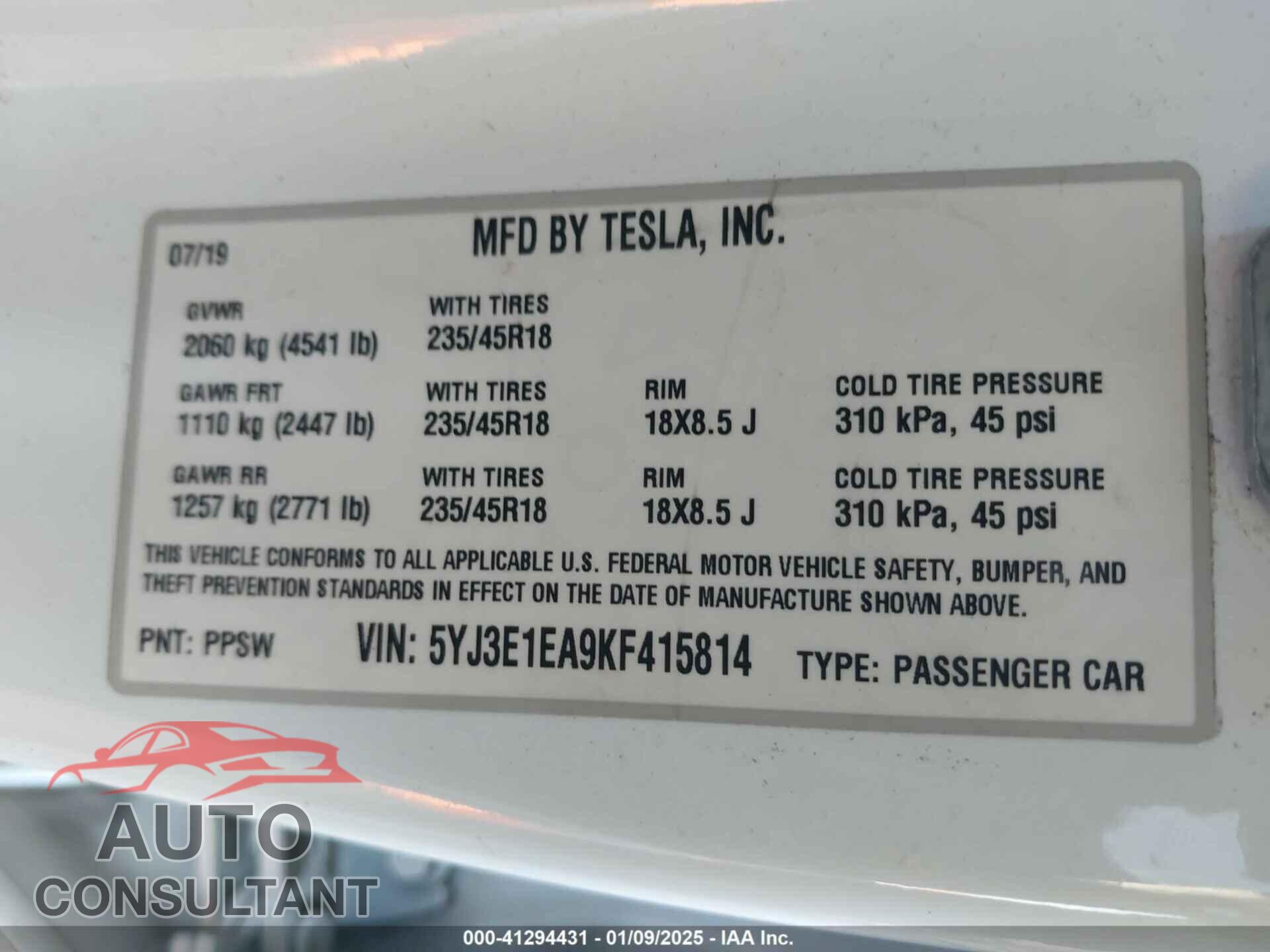 TESLA MODEL 3 2019 - 5YJ3E1EA9KF415814
