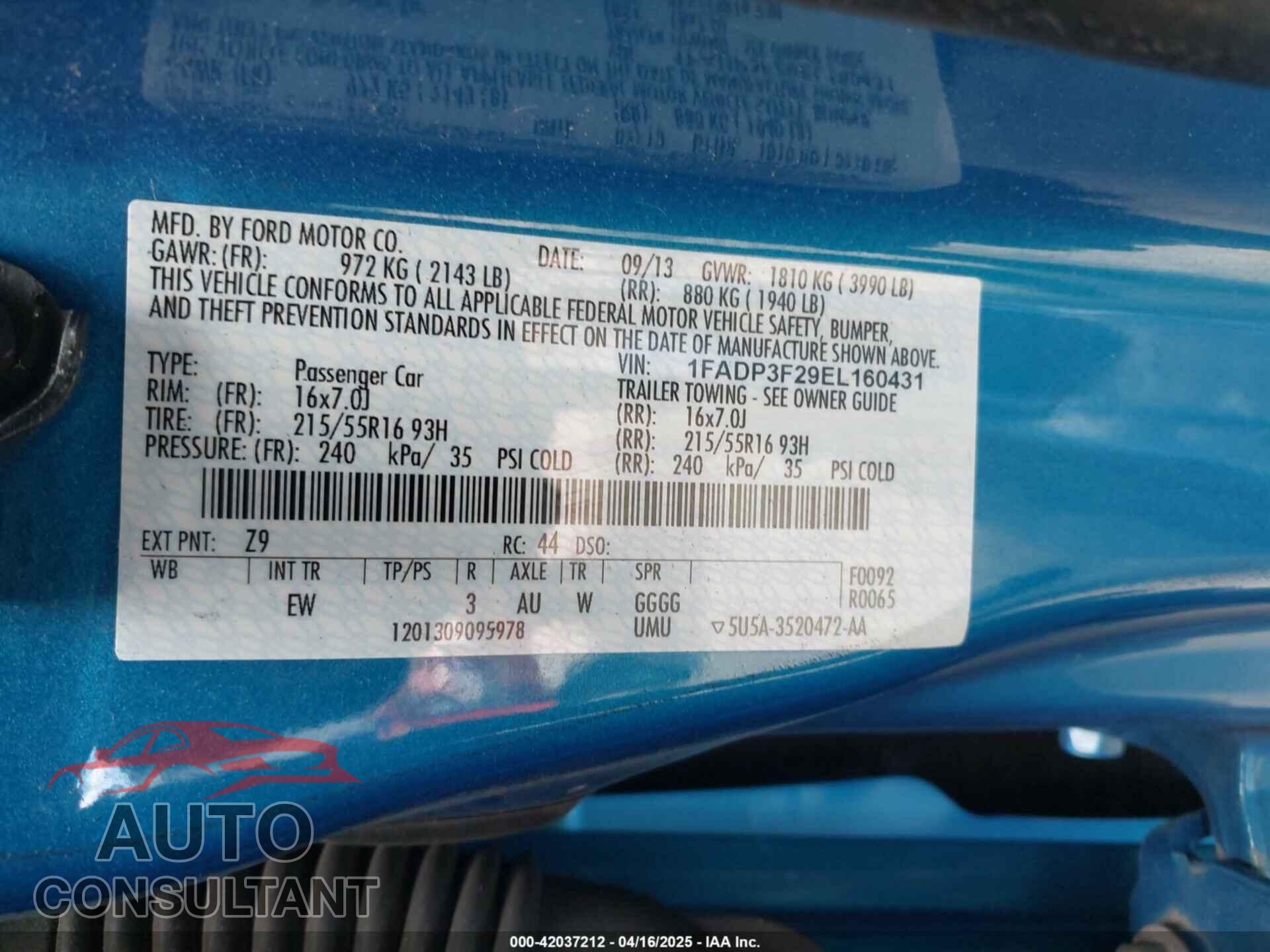 FORD FOCUS 2014 - 1FADP3F29EL160431