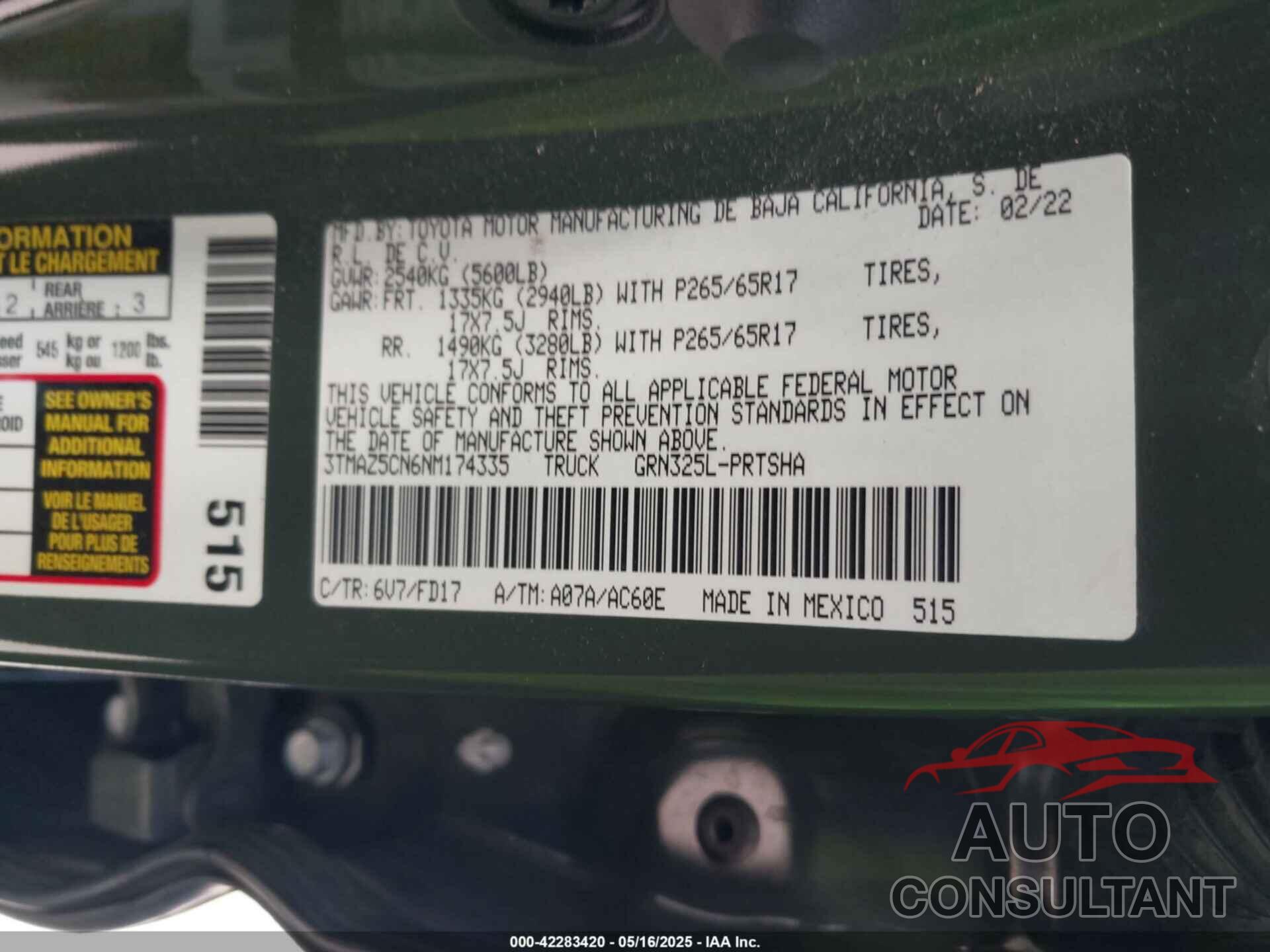 TOYOTA TACOMA 2022 - 3TMAZ5CN6NM174335