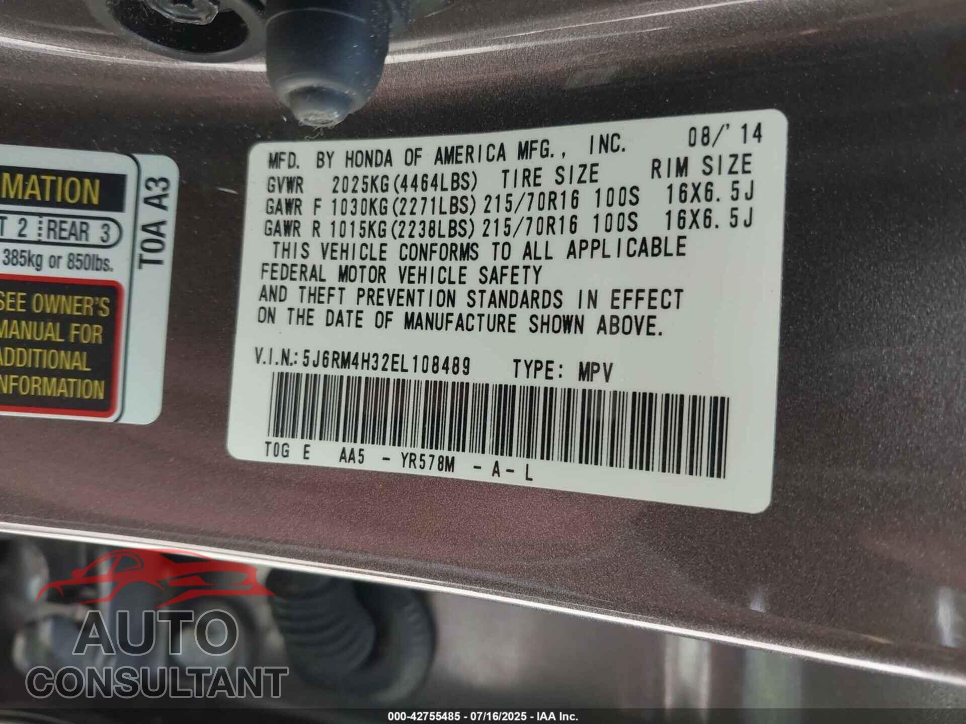 HONDA CR-V 2014 - 5J6RM4H32EL108489