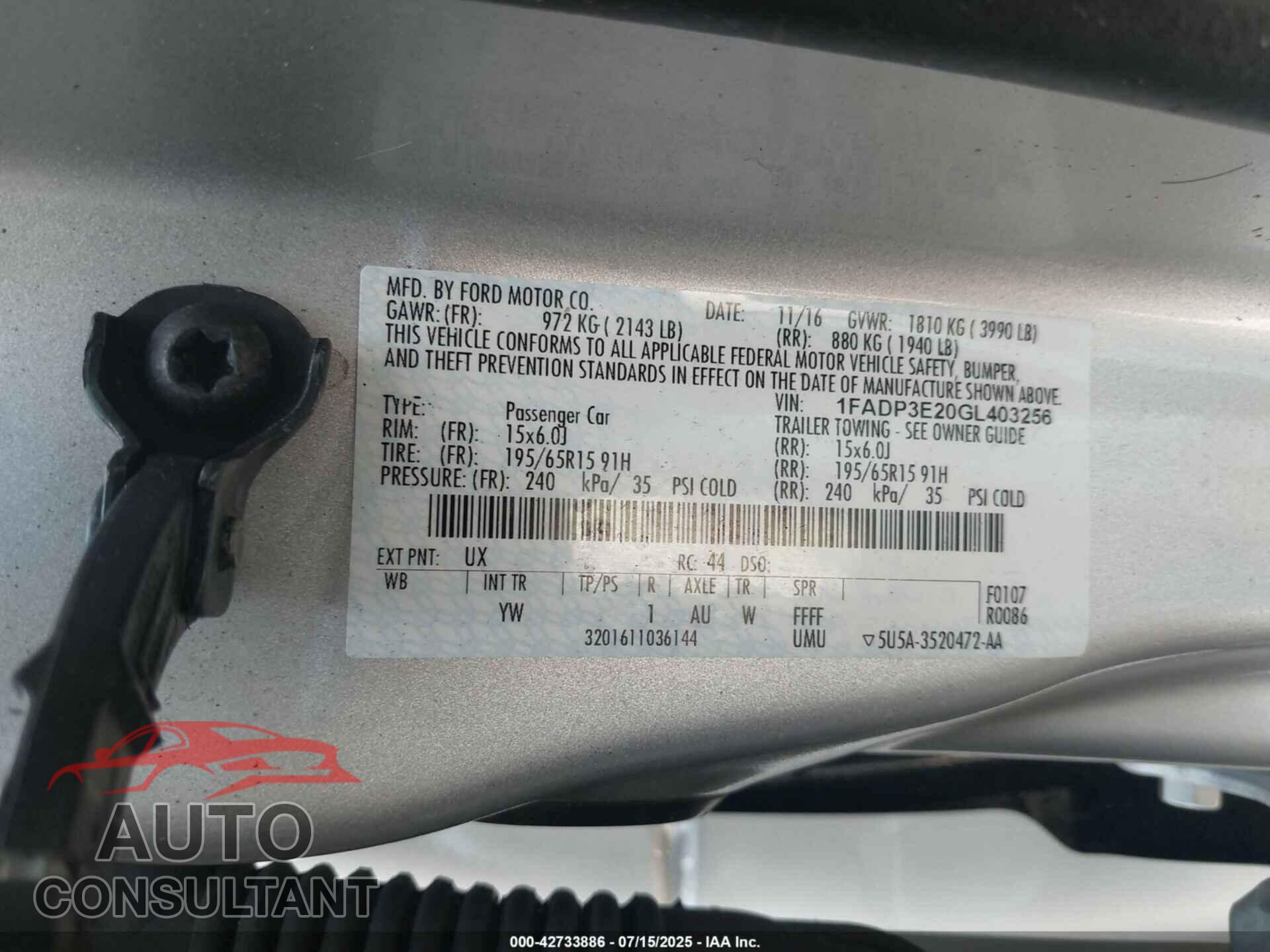 FORD FOCUS 2016 - 1FADP3E20GL403256