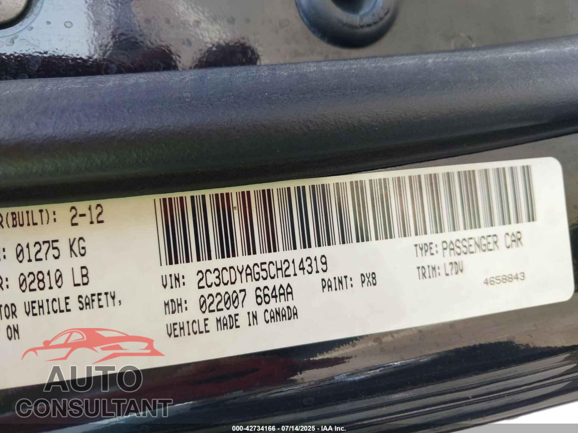 DODGE CHALLENGER 2012 - 2C3CDYAG5CH214319