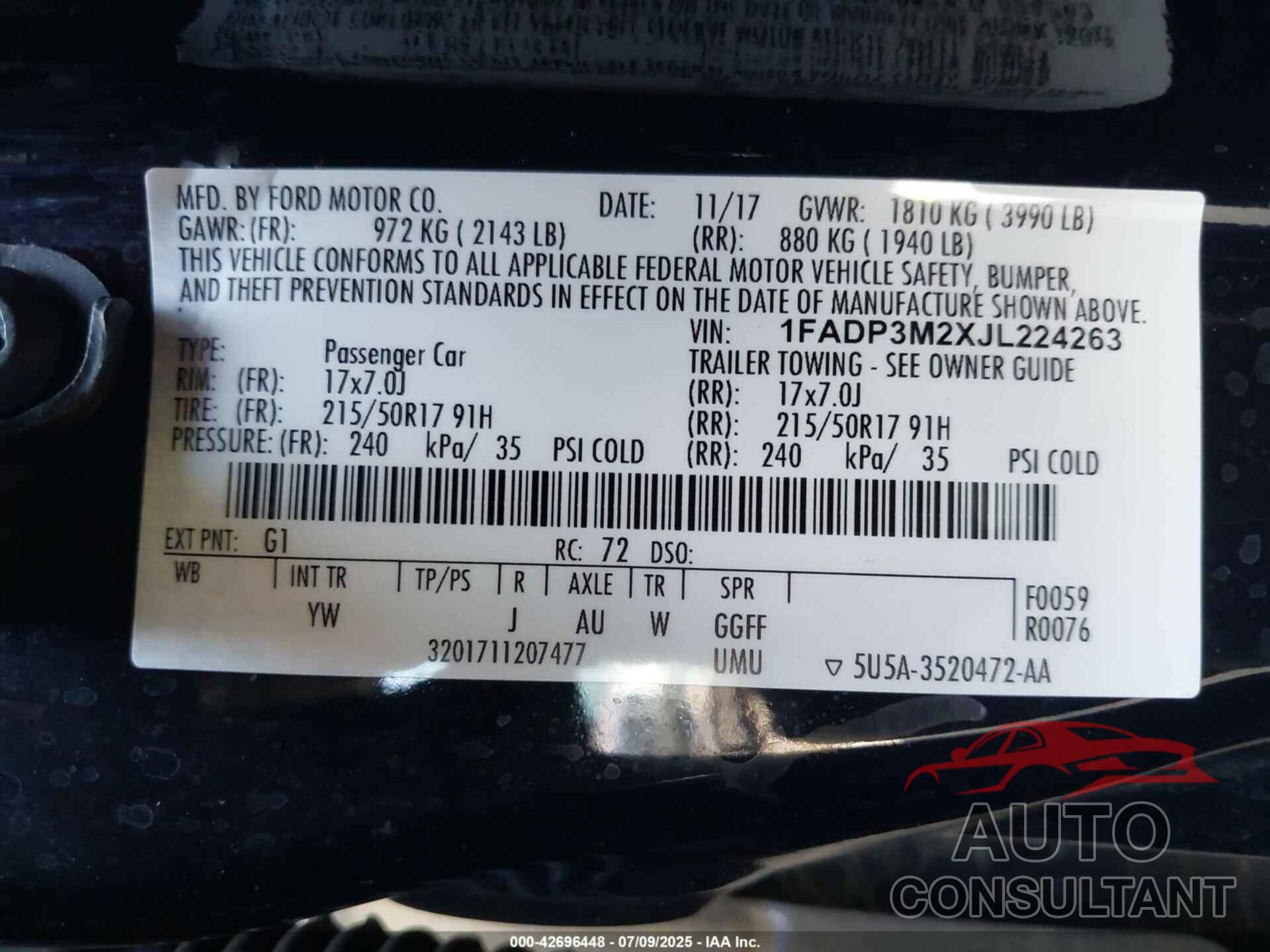 FORD FOCUS 2018 - 1FADP3M2XJL224263