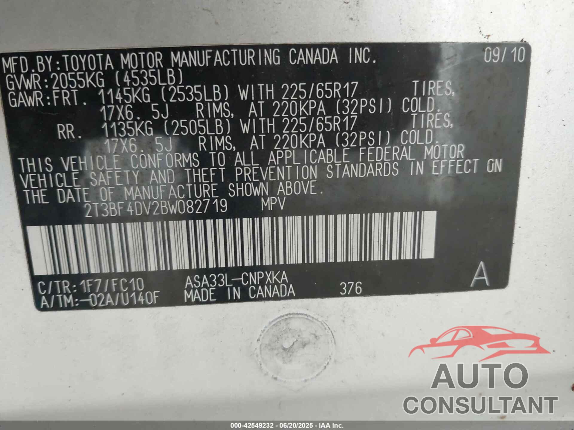 TOYOTA RAV4 2011 - 2T3BF4DV2BW082719