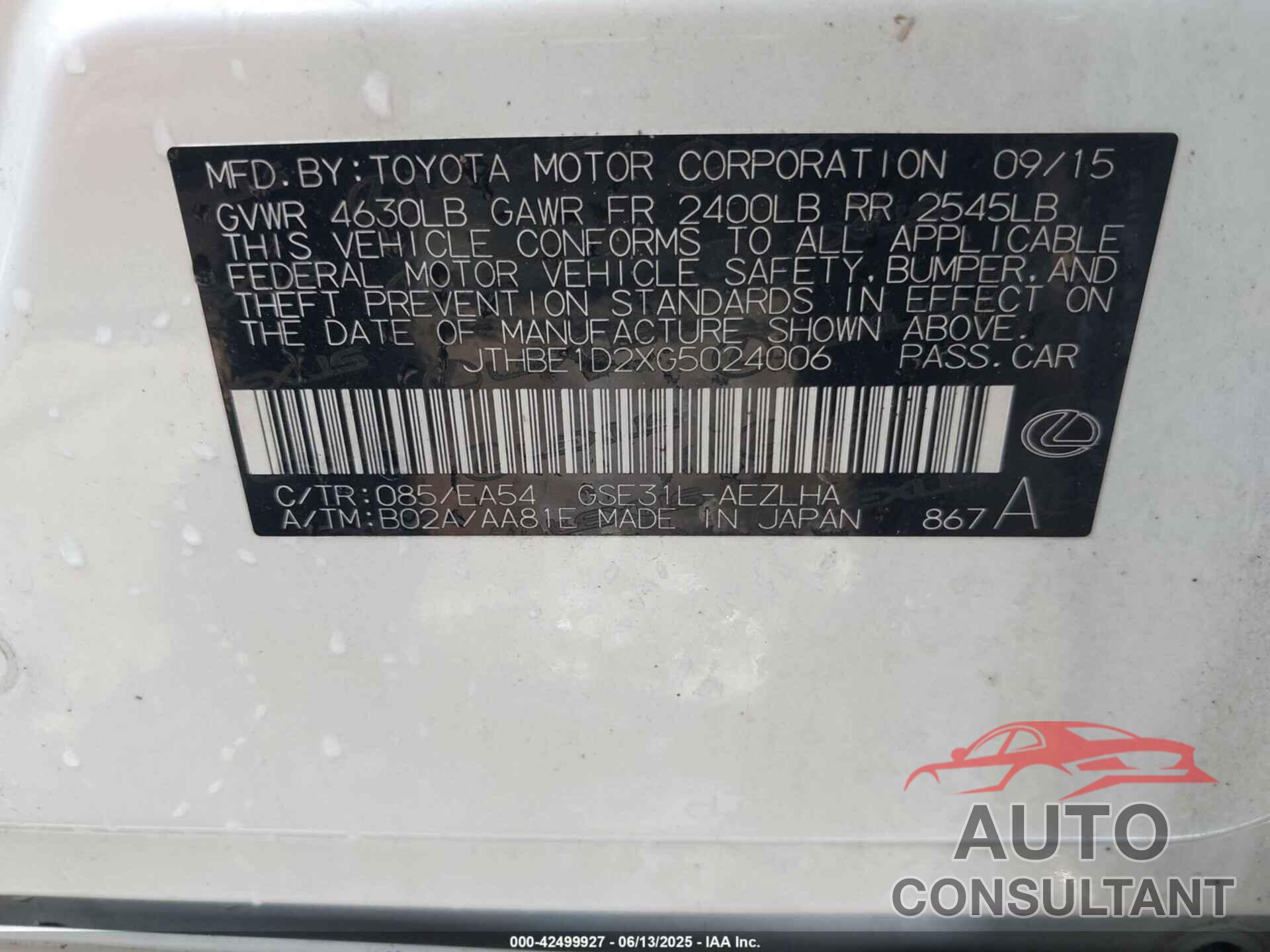 LEXUS IS 350 2016 - JTHBE1D2XG5024006