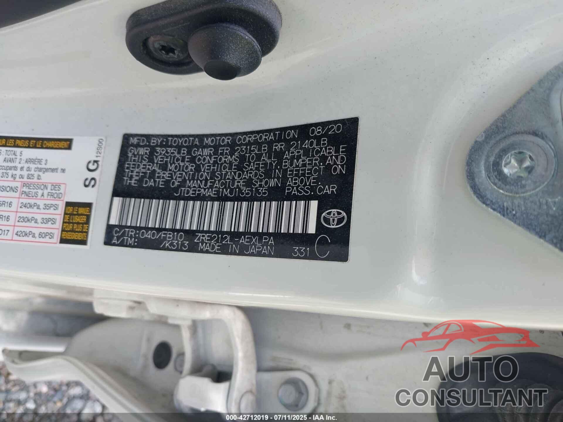 TOYOTA COROLLA 2021 - JTDEPMAE1MJ135135