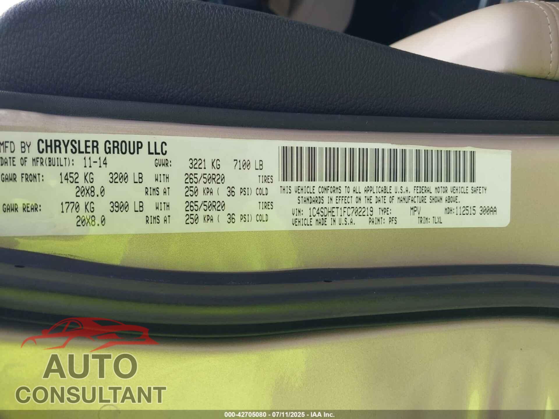 DODGE DURANGO 2015 - 1C4SDHET1FC702219