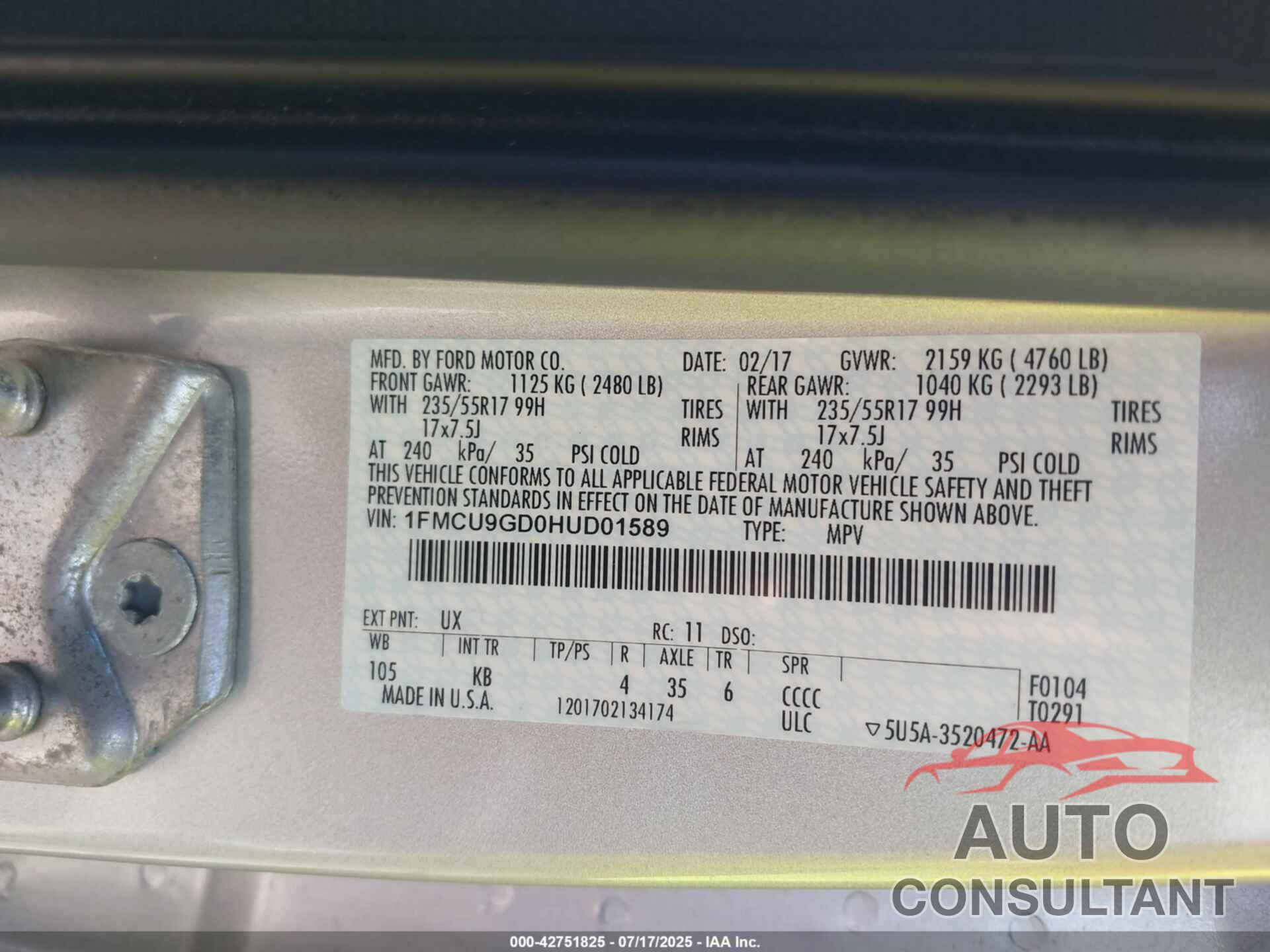 FORD ESCAPE 2017 - 1FMCU9GD0HUD01589