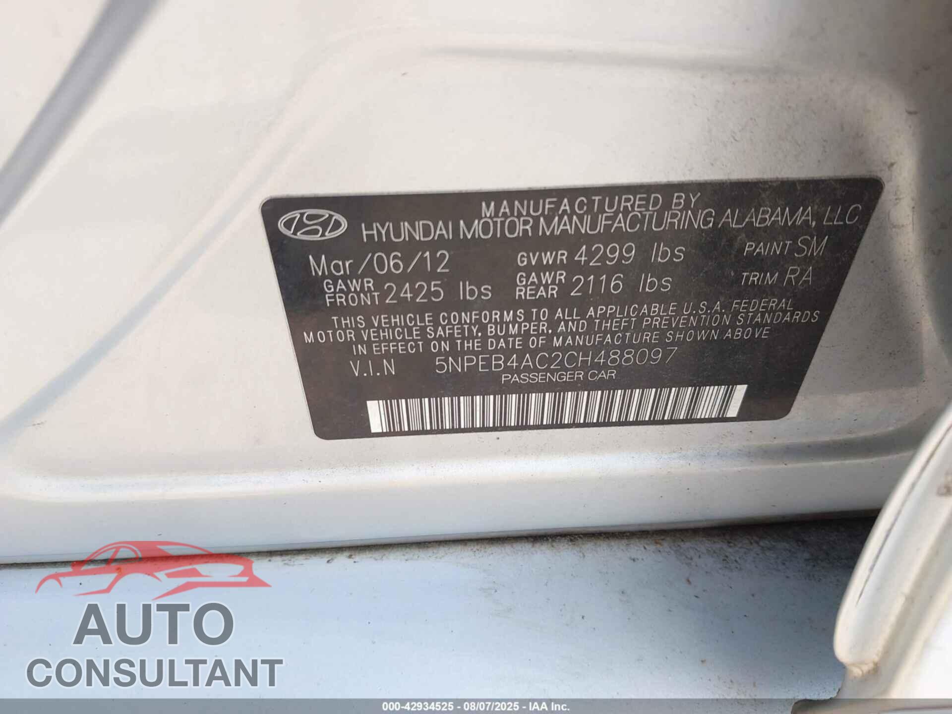HYUNDAI SONATA 2012 - 5NPEB4AC2CH488097