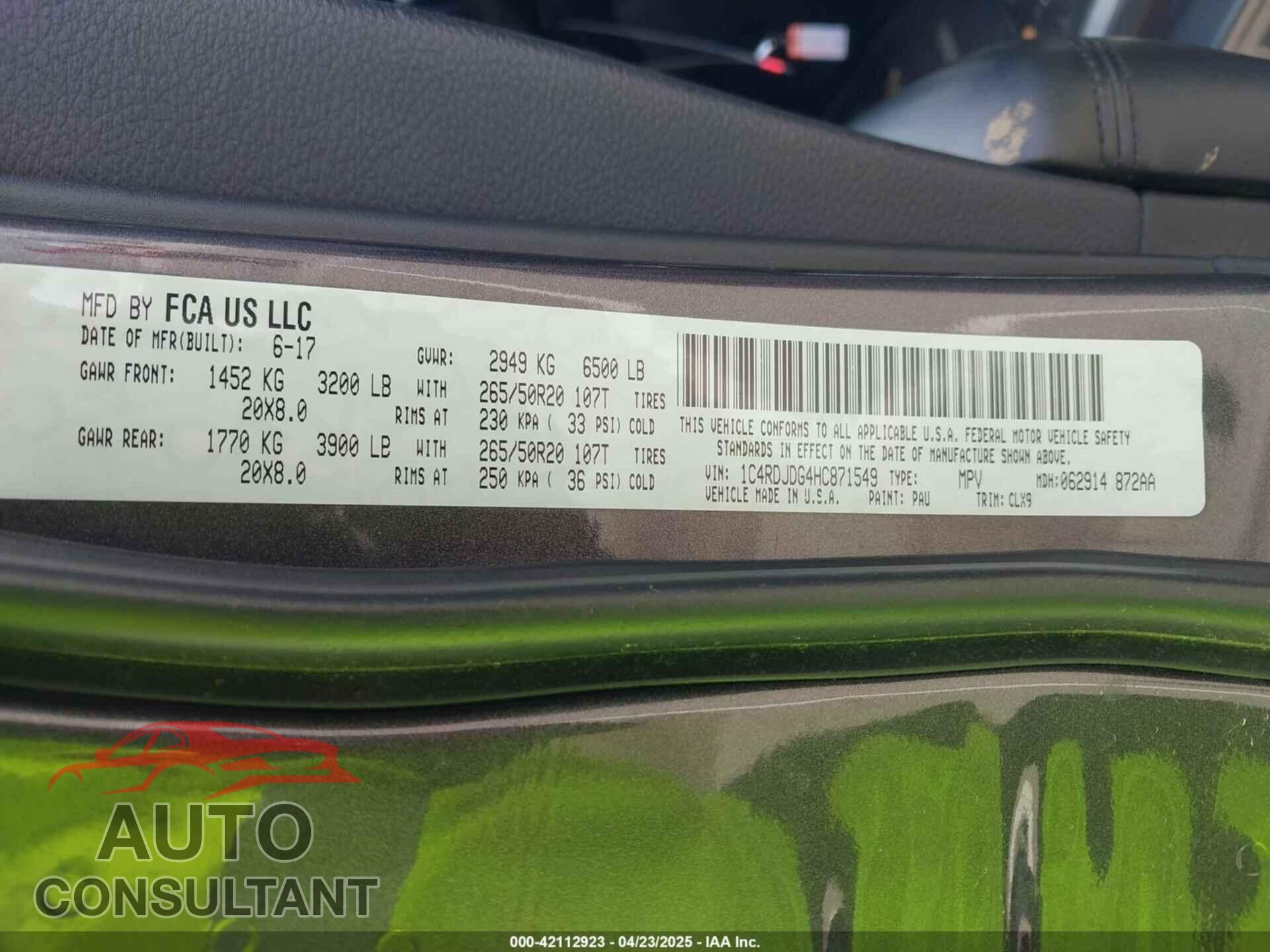DODGE DURANGO 2017 - 1C4RDJDG4HC871549