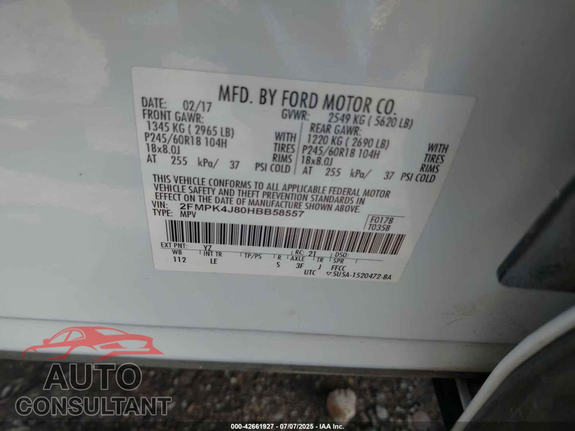 FORD EDGE 2017 - 2FMPK4J80HBB58557