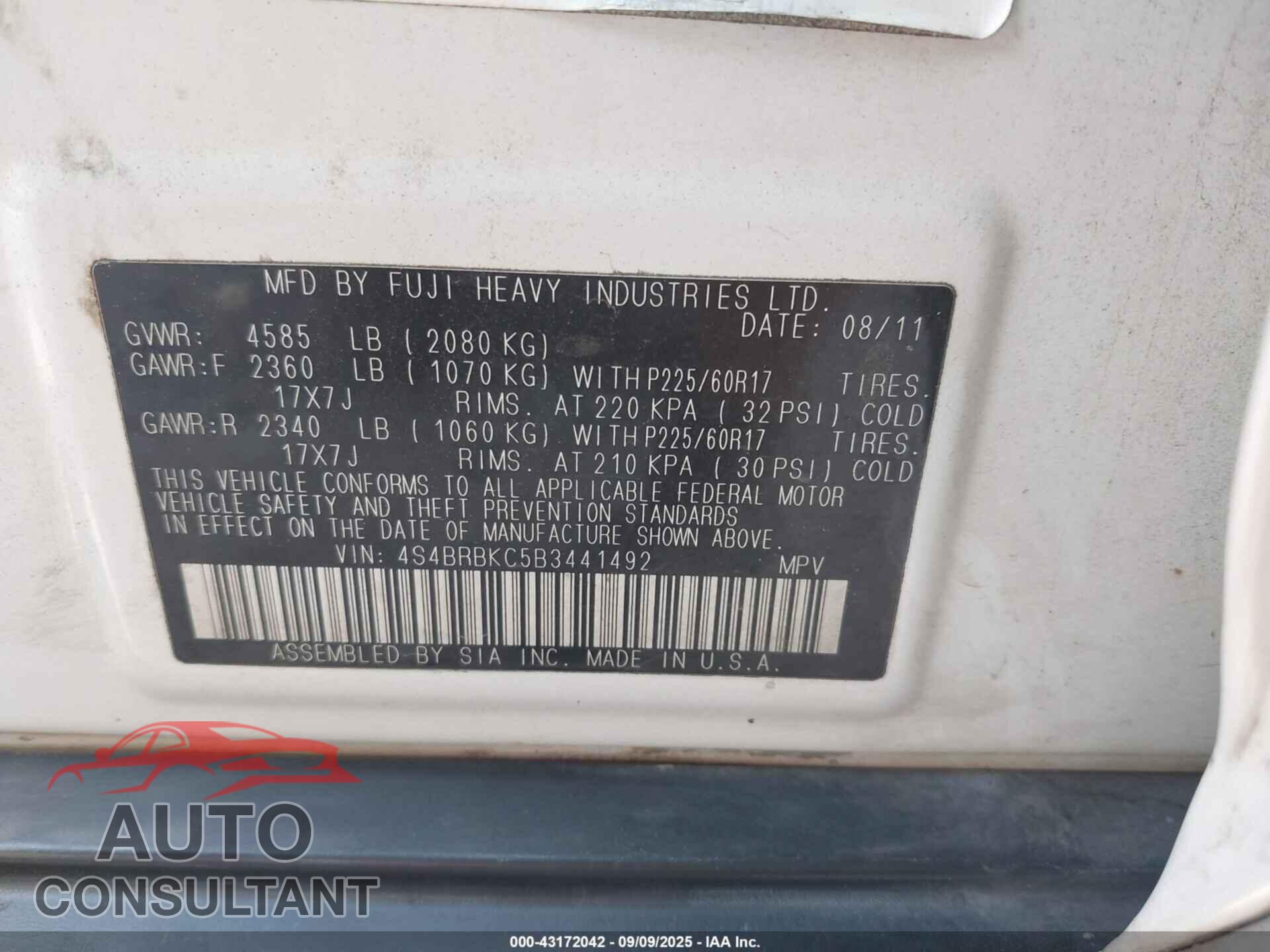 SUBARU OUTBACK 2011 - 4S4BRBKC5B3441492