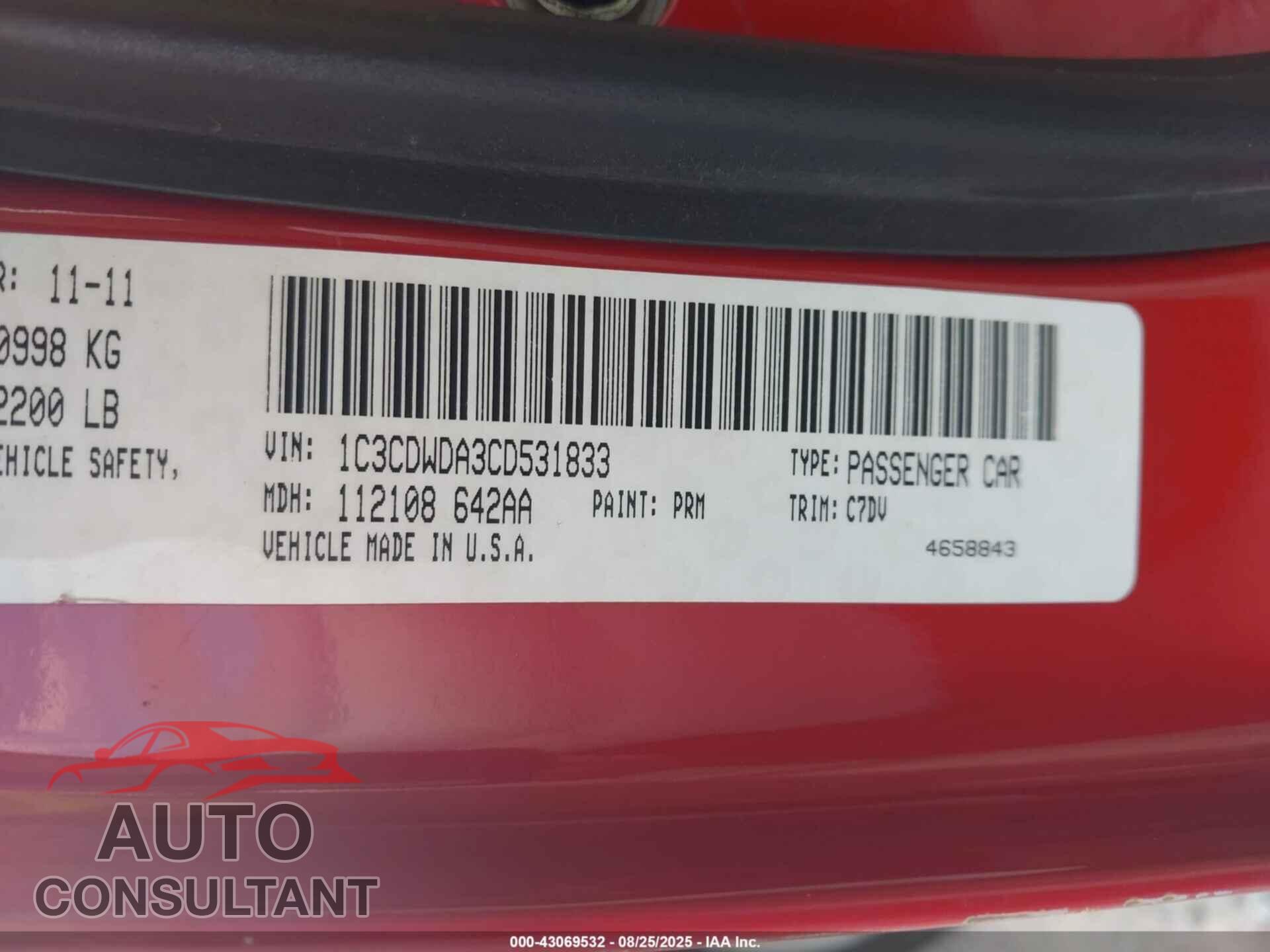 DODGE CALIBER 2012 - 1C3CDWDA3CD531833