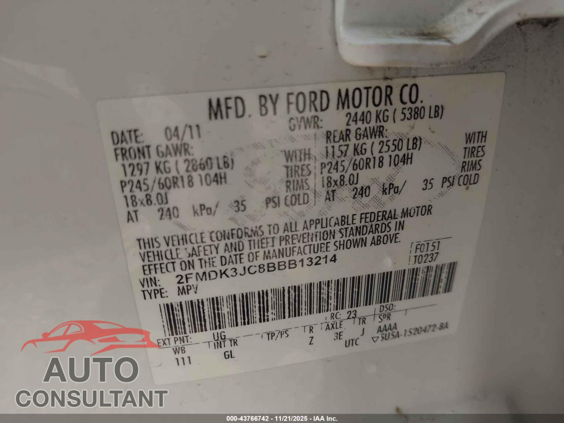 FORD EDGE 2011 - 2FMDK3JC8BBB13214