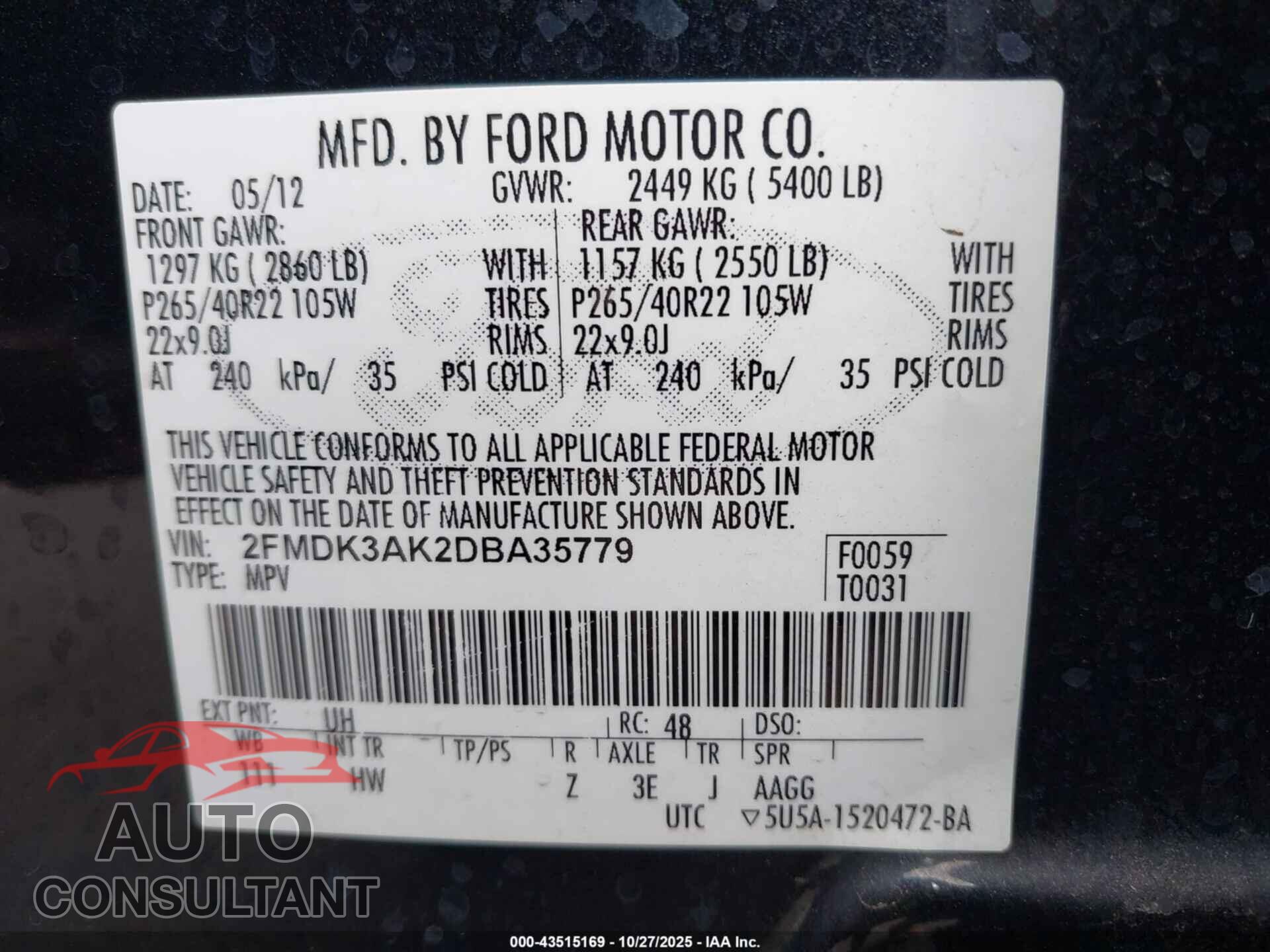 FORD EDGE 2013 - 2FMDK3AK2DBA35779