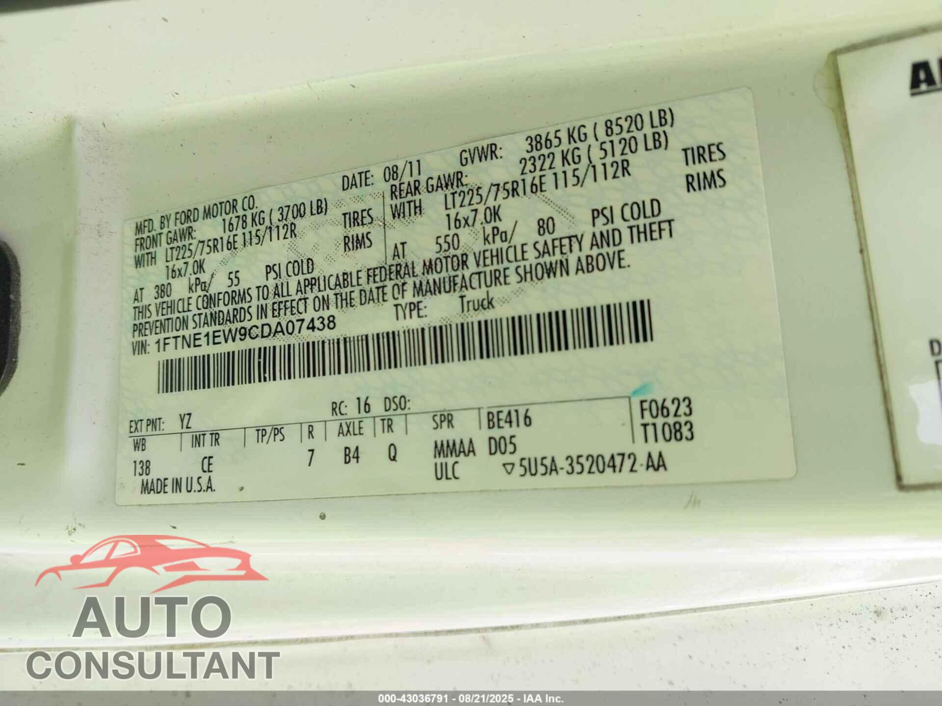 FORD E-150 2012 - 1FTNE1EW9CDA07438