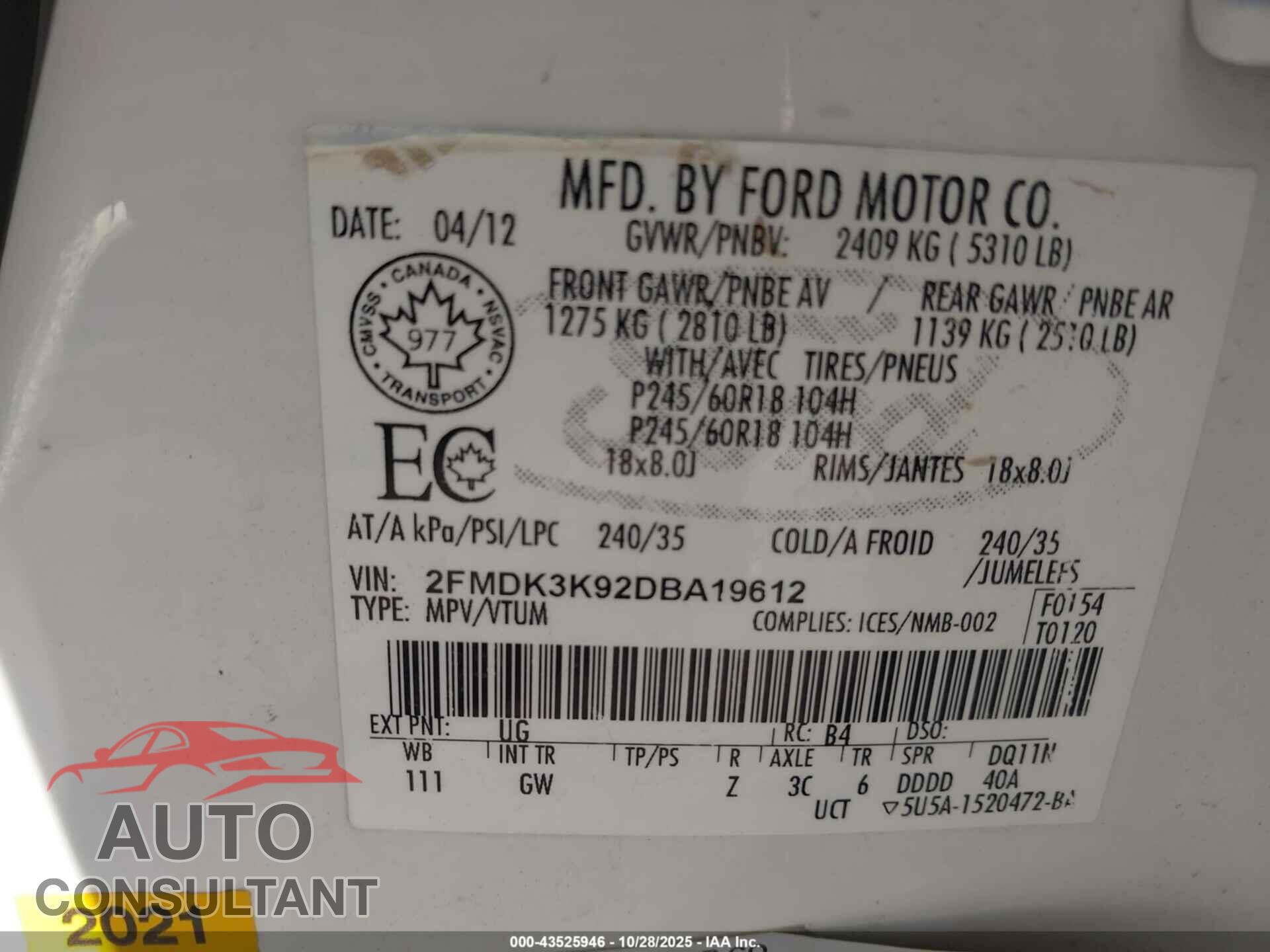 FORD EDGE 2013 - 2FMDK3K92DBA19612