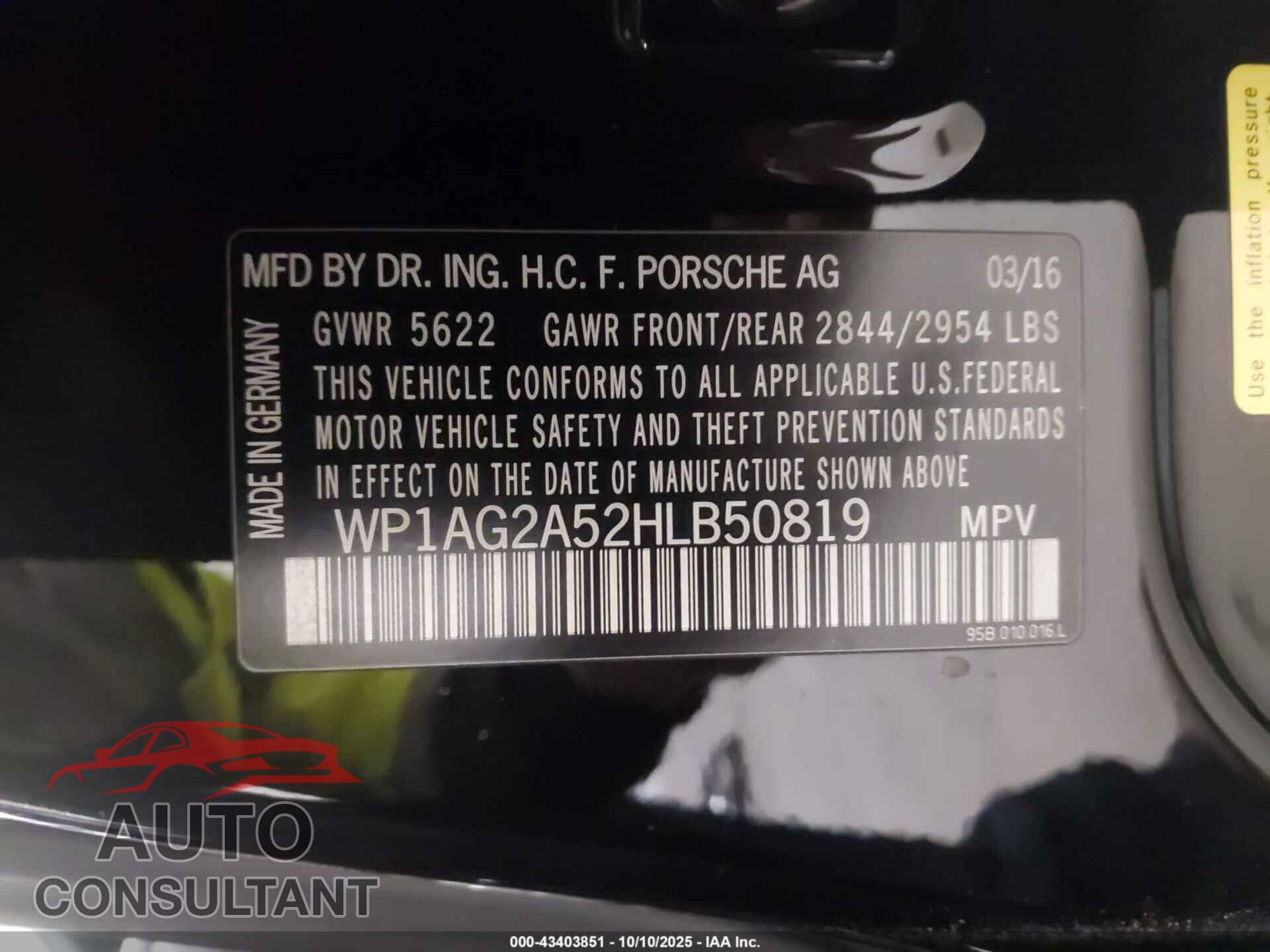 PORSCHE MACAN 2017 - WP1AG2A52HLB50819