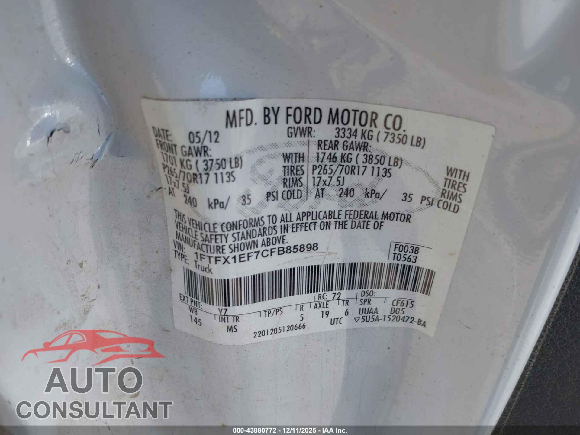 FORD F-150 2012 - 1FTFX1EF7CFB85898