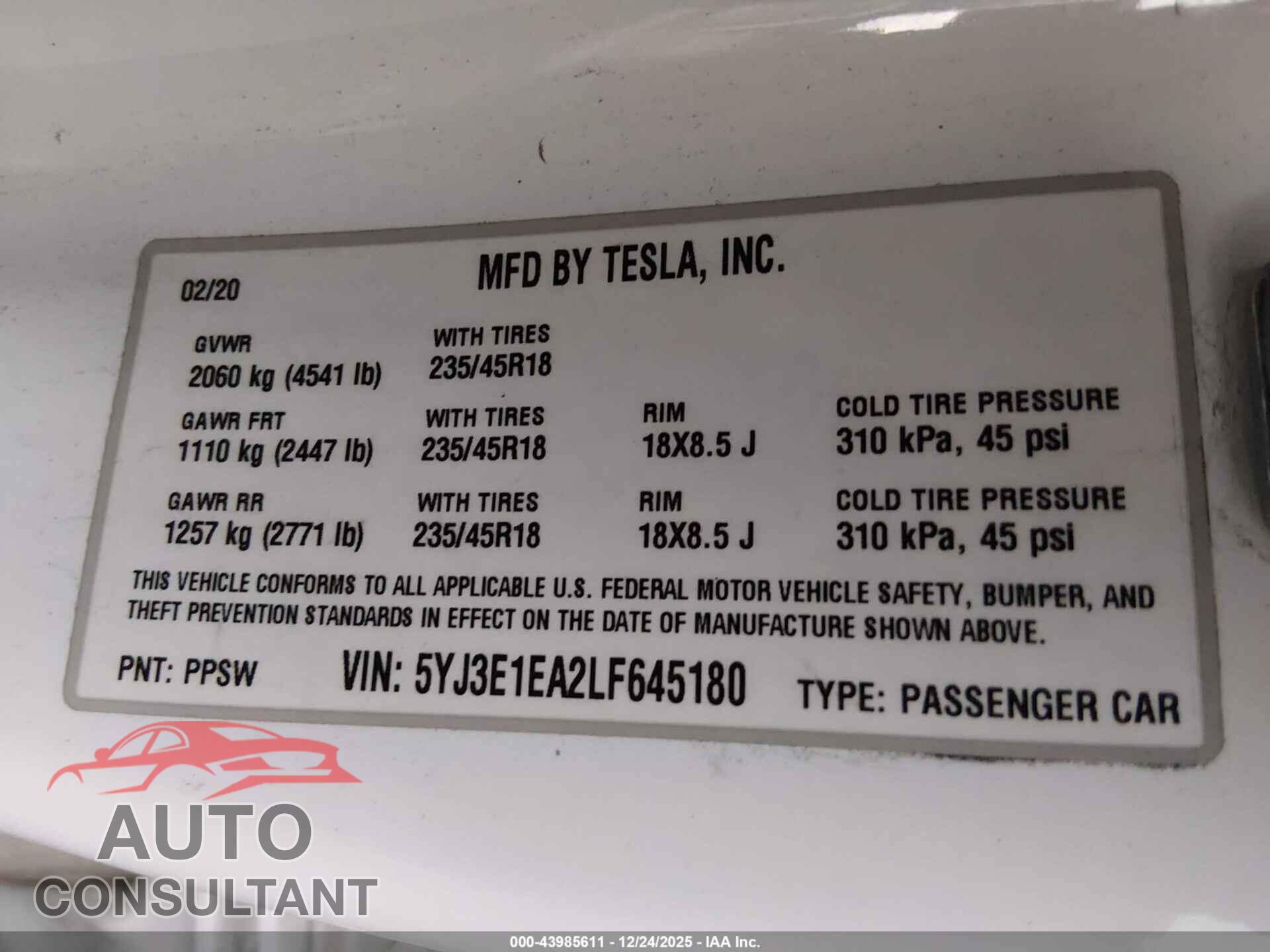TESLA MODEL 3 2020 - 5YJ3E1EA2LF645180